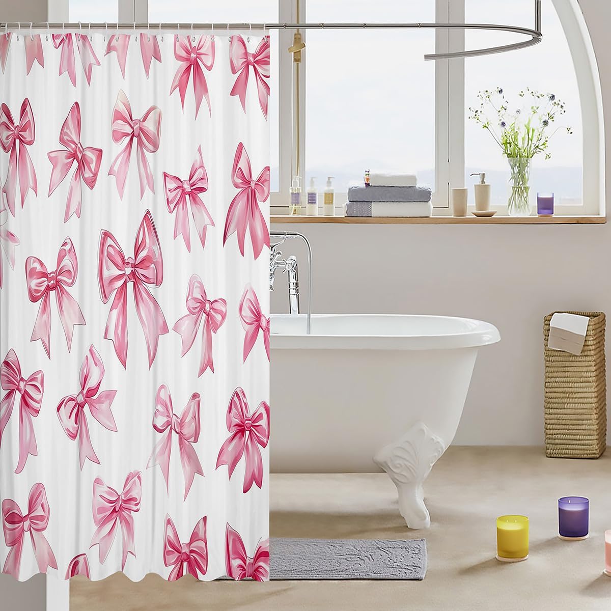 Erosebridal Kawaii Bowknot Girls Bathroom Curtains Dreamy Princess Style Shower Curtains 72" Wx84 L for Kids Teen Women,Girly Cute Bow Bath Curtain Pink Bow Tie Curtain Sets