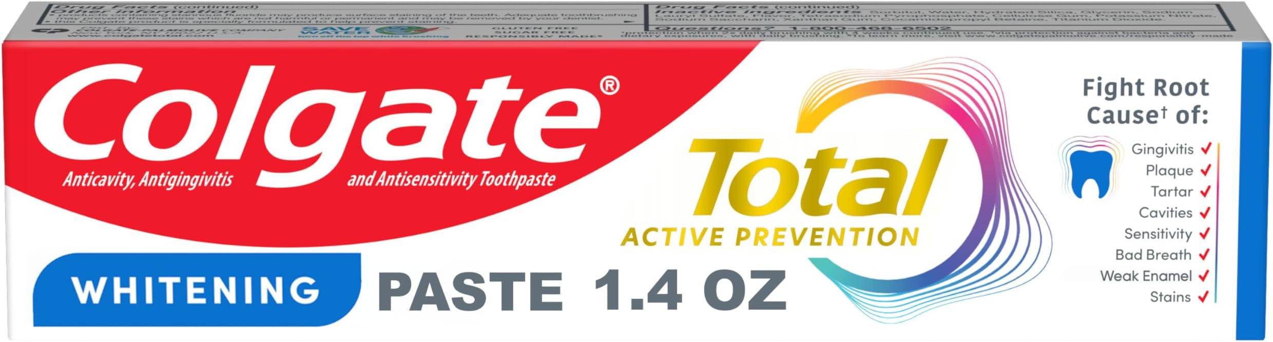 Colgate Total Active Prevention Travel Toothpaste, Whitening Toothpaste with Fluoride, Antibacterial, Mint, Clinically Proven Gum Health, Travel Size 1.4 oz