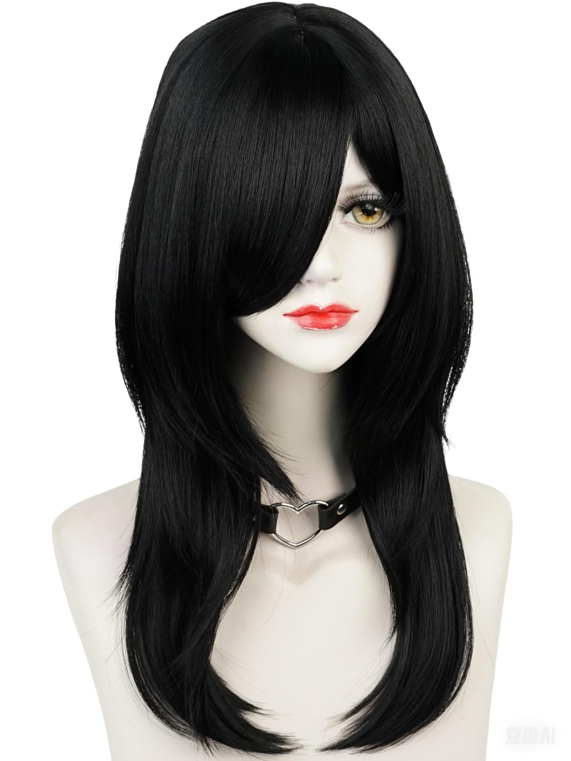 Half and Half Emo Costume Scene Wig Set Black Cosplay Anime Wig with Side Part Bangs 21.6'' Synthetic Hair for Women Halloween Party - Image 2