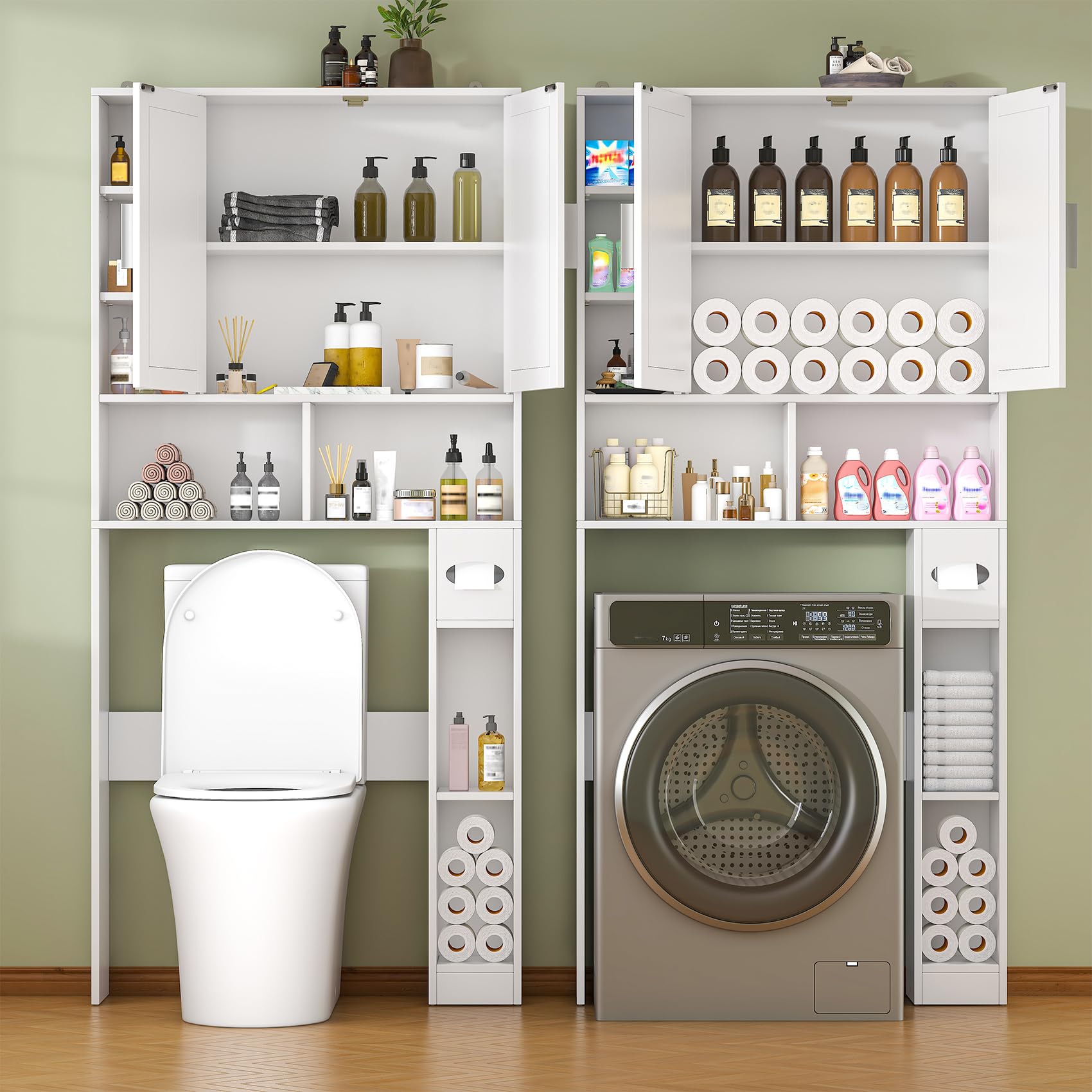 Armadietto alto da bagno con ante e ripiani, salvaspazio, con porta carta igienica, per bagno, lavanderia e bagno, bianco