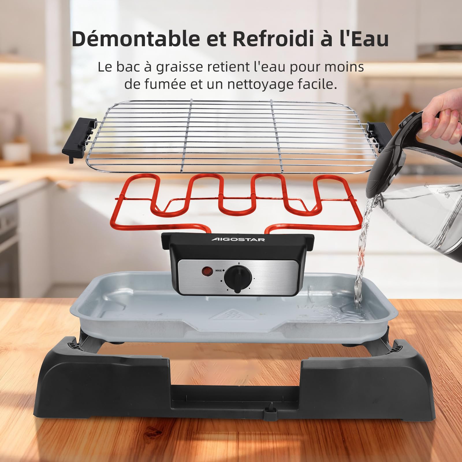 Aigostar Tasty - Gril sans Fumée, Barbecue Electrique d’intérieur. 2000W | Thermostat, Taille Compacte. Utilisation Avec de l'eau: Evite Taches et Fumée. Entièrement Démontable.