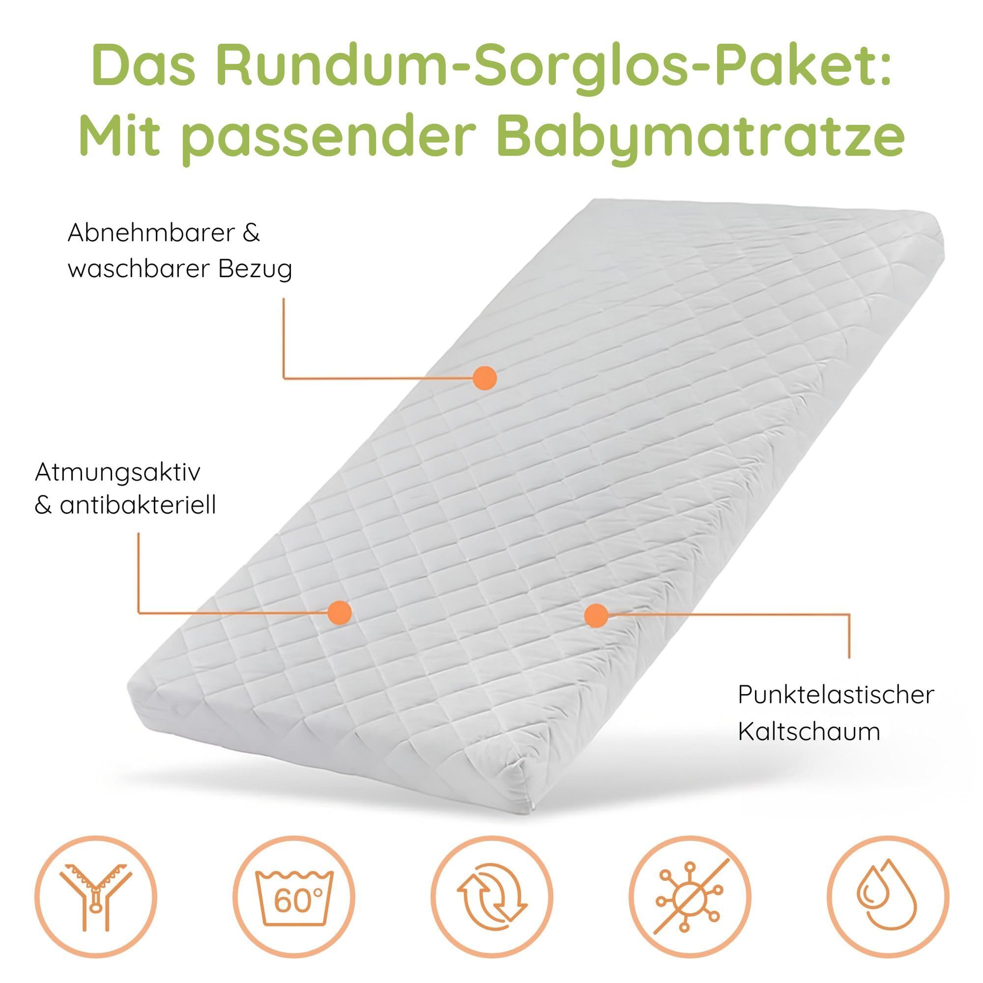 Kids Collective Babybett Kinderbett Gitterbett 60x120 & 70x140 cm mit Matratze höhenverstellbarer Lattenrost & herausnehmbare Sprossen stabiles Buchenholz | ab Geburt bis 3. Lebensjahr | Natur