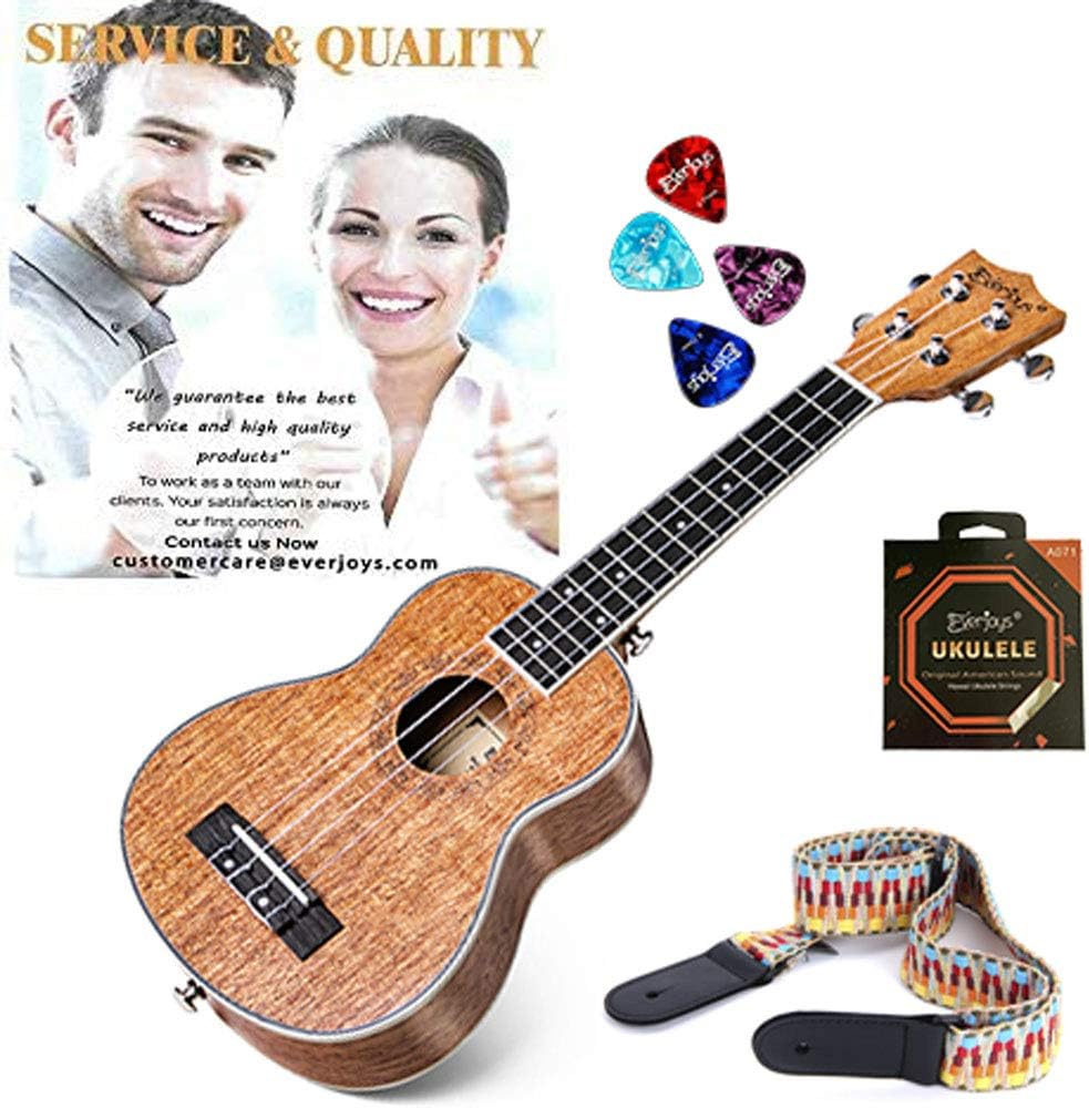 Everjoys Soprano Ukulele Mahogany 21 inch - Professional Wooden Ukelele Instrument Kit With Gig Bag Strap Picks Strings Free Online Lessons All in One Kit
