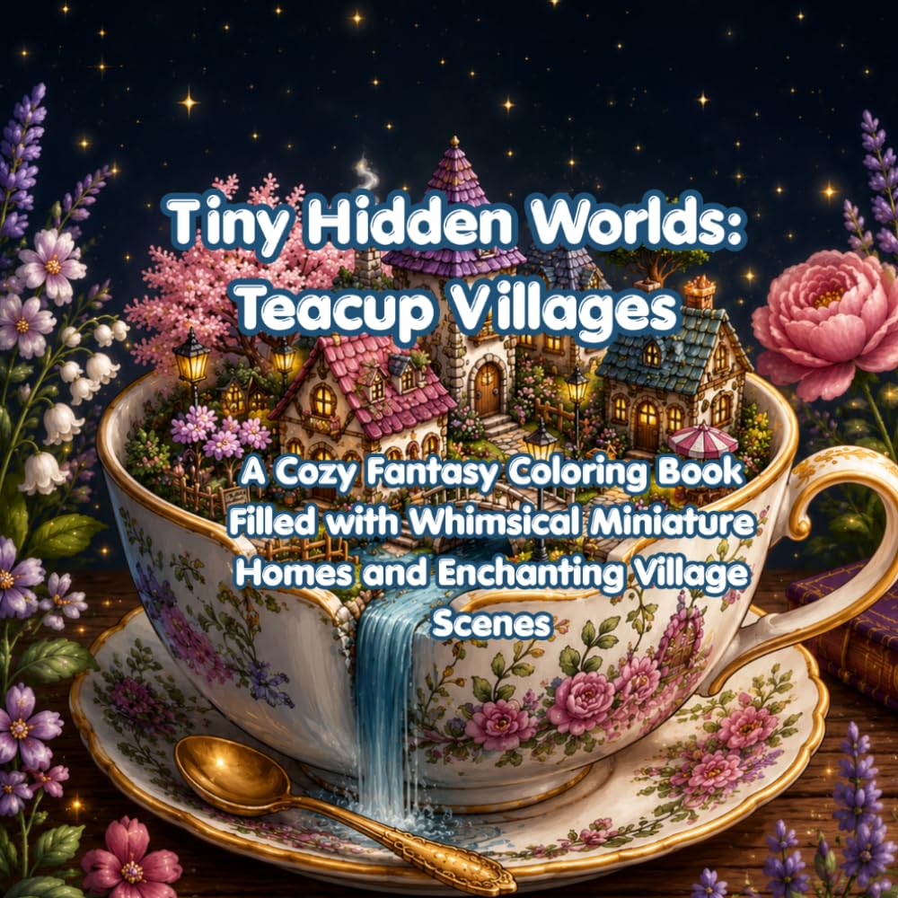 Tiny Hidden Worlds: Teacup Villages: A Cozy Fantasy Coloring Book Filled with Whimsical Miniature Homes and Enchanting Village Scenes