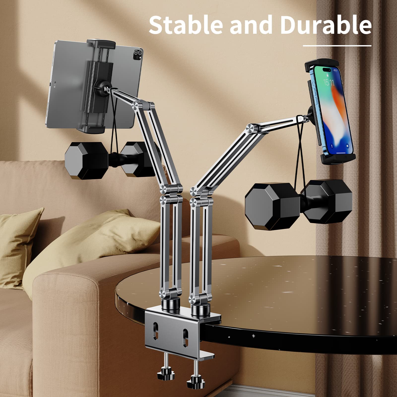 OATSBASF Handy- & Tablet-Halterung Aus Aluminium – Schwanenhals-Design, 360° Drehbar, Faltbar, Für Geräte Bis 12,9 Zoll, Farbe: Silber