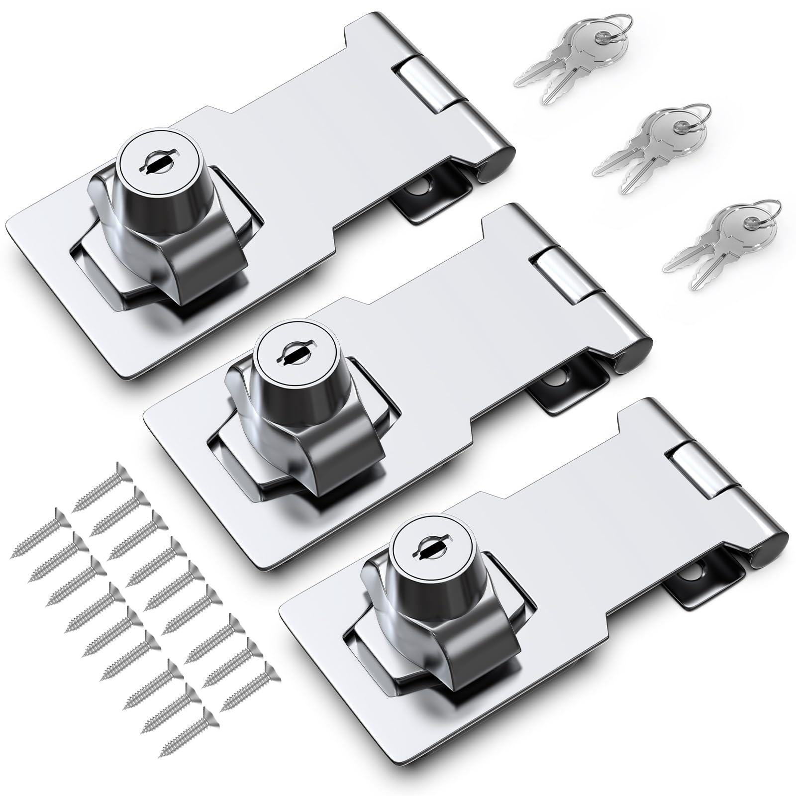 3 Inch Keyed Hasp Lock for Cabinets &amp; Small Doors, Twist Knob Design, Heavy Duty Zinc Alloy with Chrome-Plated Iron, Includes Keys &amp; Screws - Silver, 3 Pack