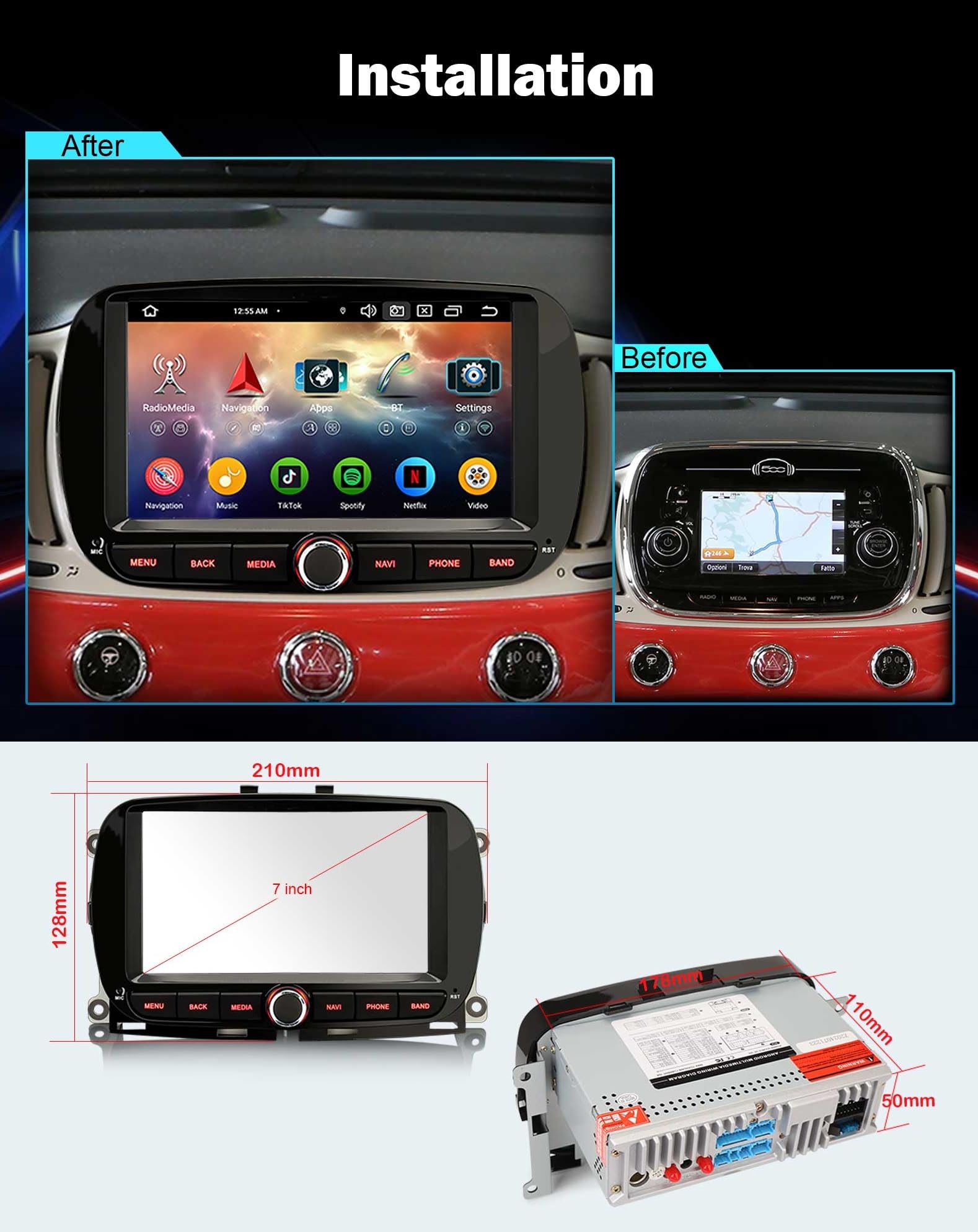 Android 16 Radio Coche Carplay para Fiat 500 500C 500S 500E 500 Hybrid 64GB | Inalámbrico Android Auto DSP Bluetooth Estéreo GPS Navegador A2DP WiFi Dab+ Pantalla táctil FM Radio