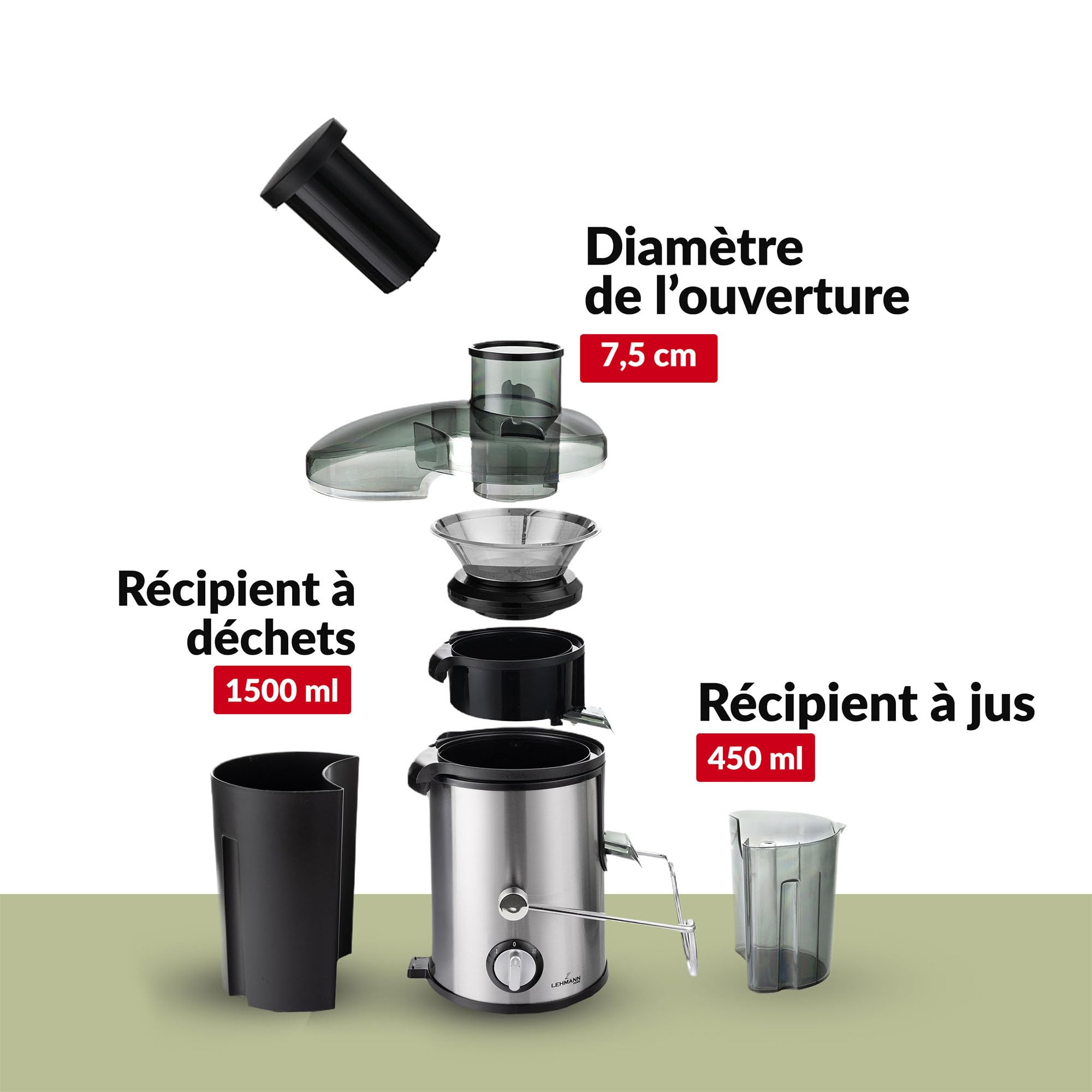 LEHMANN Centrifugeuse Extracteur de Jus, Préparation Rapide, Goulotte large de 75mm, Récipient à Pulpe 1,5L et Récipient à Jus 450ml, 2 Vitesses, Machine à Jus pour Légumes et Fruits