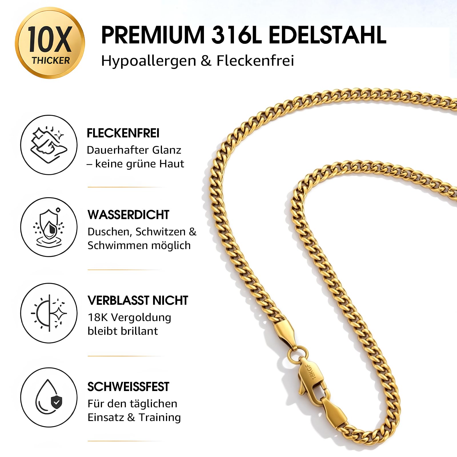 VEXXS 3mm Cuban Kette Herren Halskette 316L Edelstahl Mit Dicker 18K Gold- & 925 Silber-Auflage Cuban Link Kubanische Kette Männer 46-66cm