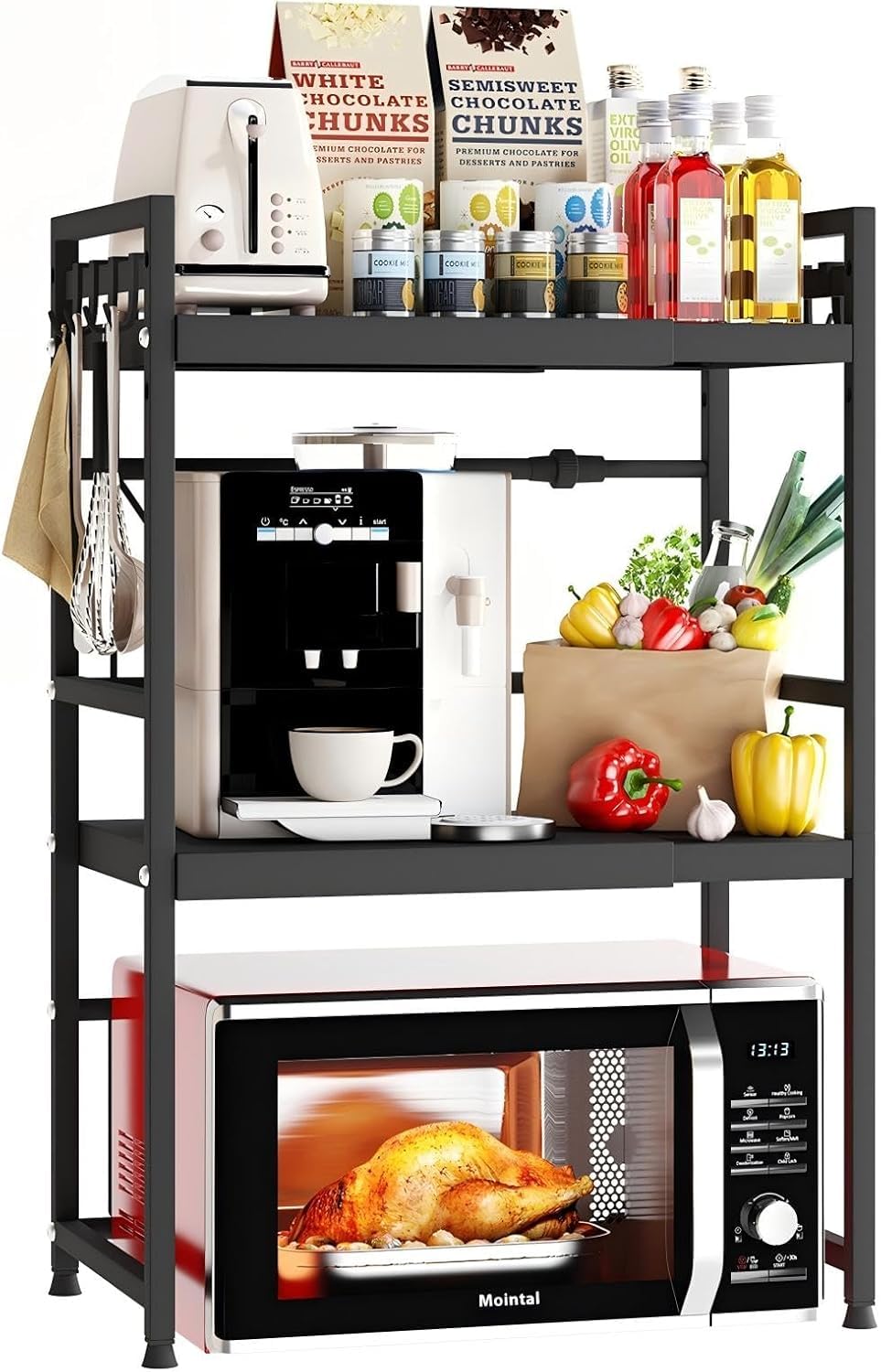 Expandable Microwave Rack, 3 Tier Kitchen Microwave Shelf, Carbon Steel Countertop Microwave Holder, Kitchen Storage Cabinet with 8 Hooks, Black