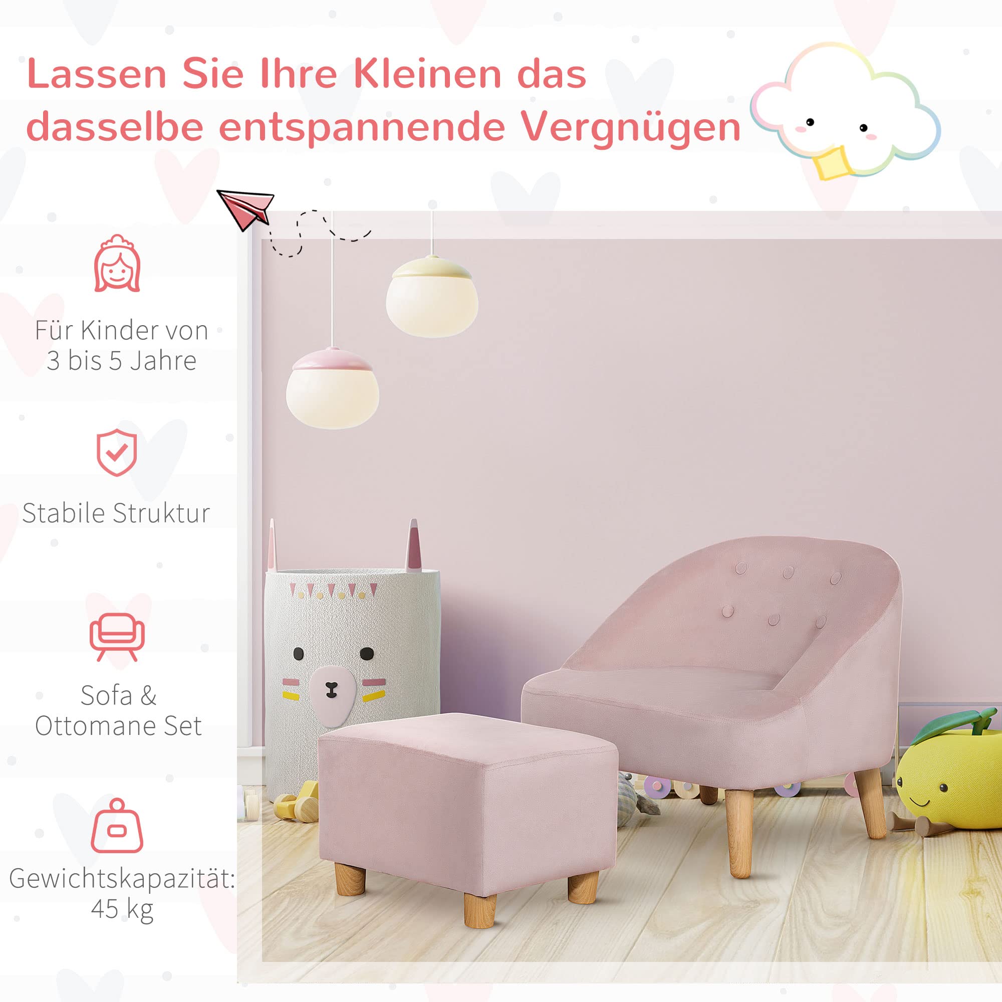 HOMCOM Krzesło dziecięce Sofa dziecięca z podnóżkiem Kanapa dziecięca od 3 lat Meble dziecięce Pokój dziecięcy Aksamitny wygląd Drewno eukaliptusowe Różowy 51 x 51 x 50 cm