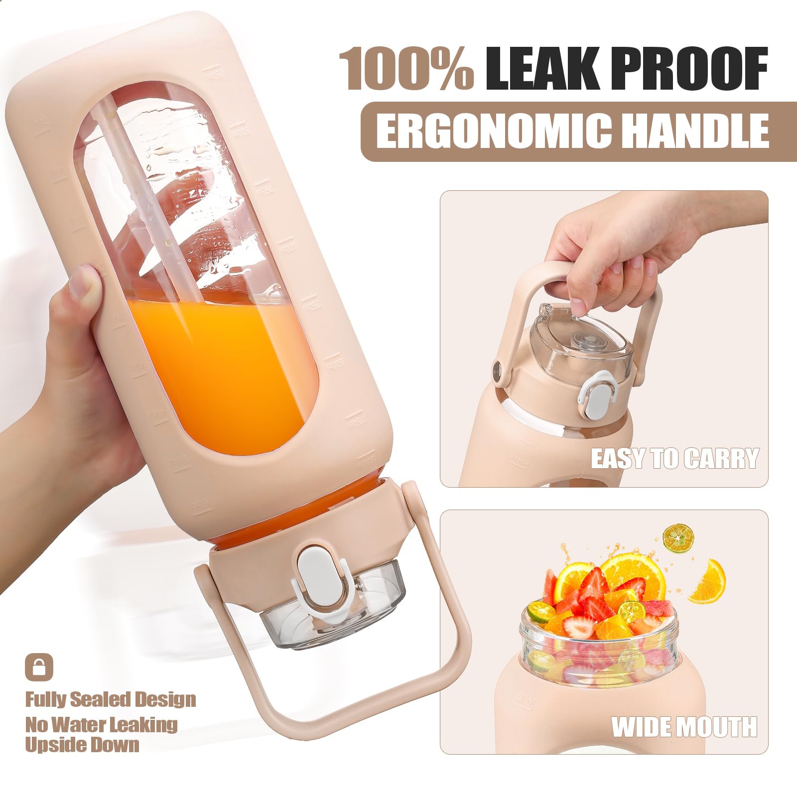 BLUEGO 2000ml Bottiglie d'acqua in vetro con 2 coperchi Bottiglia d'acqua con cannuccia 2L Bottiglia d'acqua grande con indicatori di capacità per sport A prova di perdite, Ambra