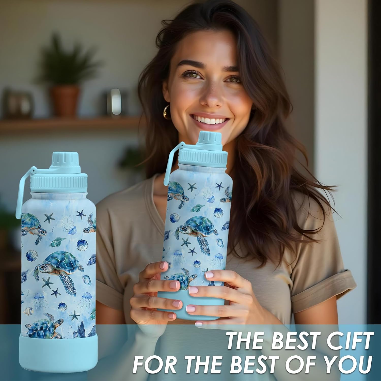 Turtle Gifts for Girls - 34oz Sea Turtle Water Bottle with Spout Lid, Insulated Stainless Steel Travel Cup, for Sports, Double Wall Vacuum Tumbler for Women Girls, Birthday Christmas Gifts (1 pc) - Image 8