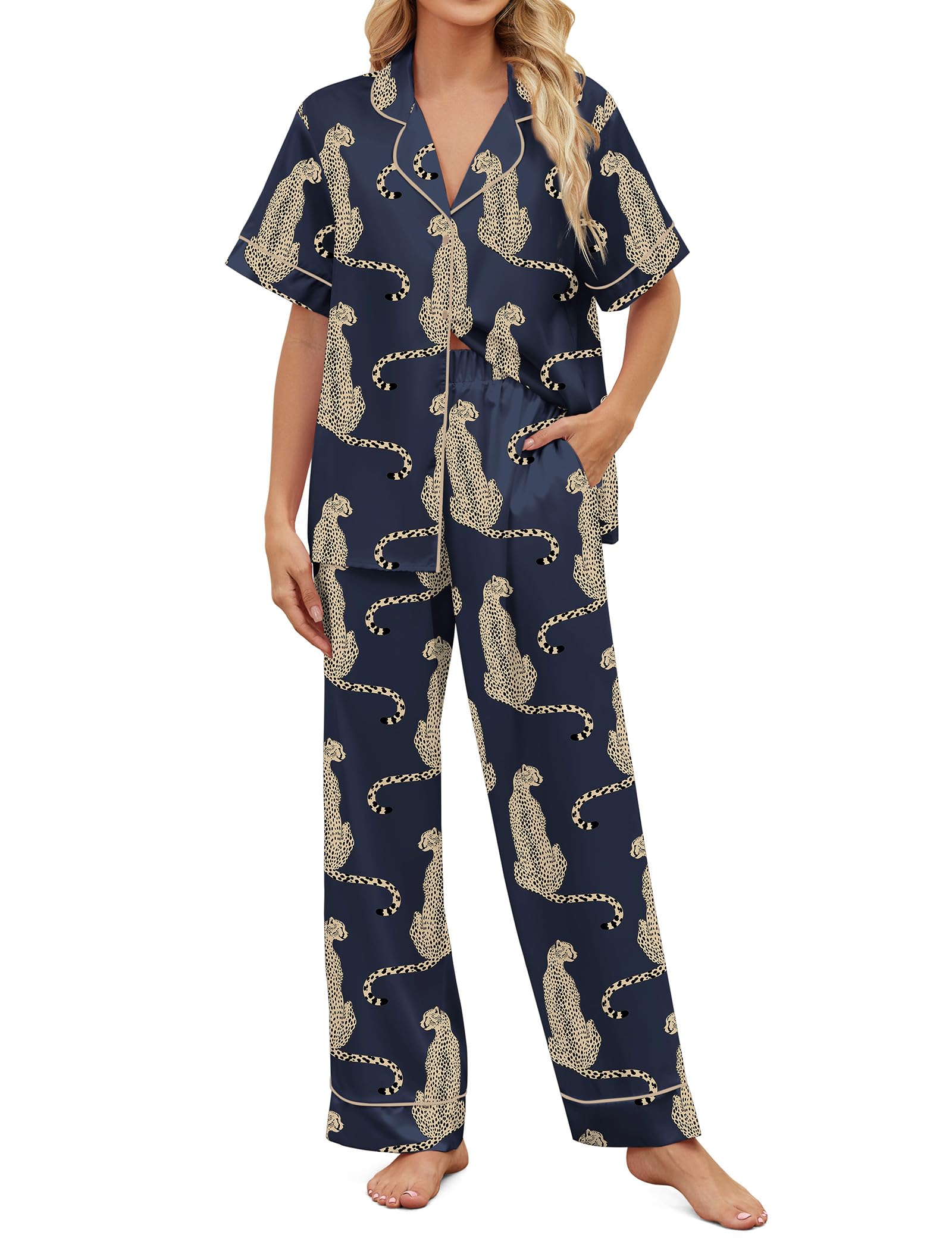 SHESHOW Satin Pajamas for Women Set Button Down Sleepwear Print Pjs Set 2 Piece Short Sleeve Long Loungewear Size XS-XXL