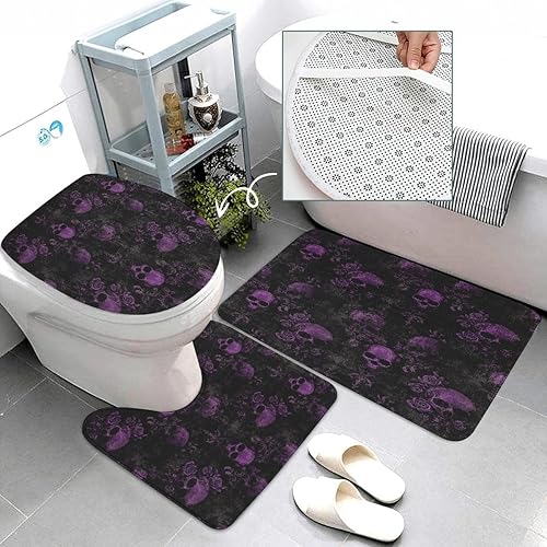 Miniatura 5 de Juego de baño de calavera gótica, 4 piezas con cortina de ducha de 71 x 71 pulgadas, tapete de baño, alfombra de contorno, cubierta para tapa de