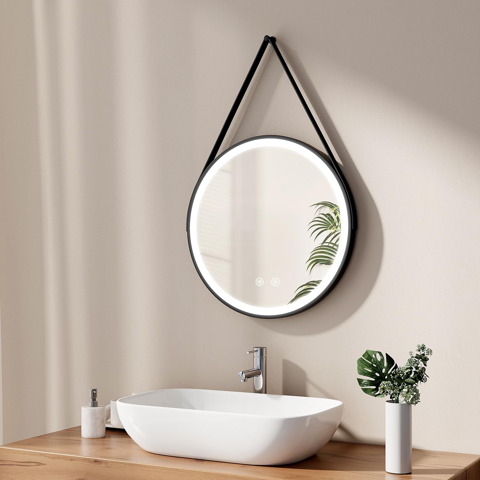 EMKE Espejo de baño Redondo 50 cm, Espejo Redondo Pared con luz, Interruptor táctil y función antivaho, Luz Blanca fría 6500K, Marco Negro y Correa Ajustable