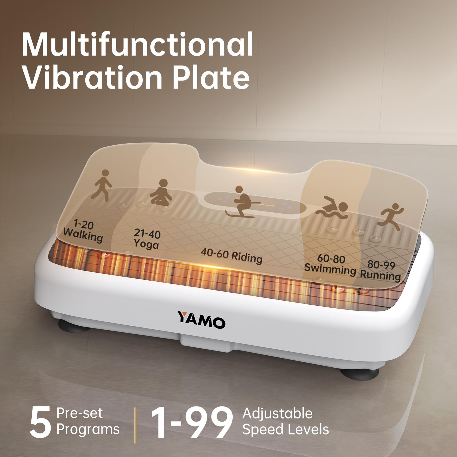 YAMO Pedana Vibrante, Piattaforma Pedana Vibrante Dimagrante 5 Programmi + 99 Livelli di Velocità, Display LED Telecomando Bande Elastiche, Carico Massimo 150KG