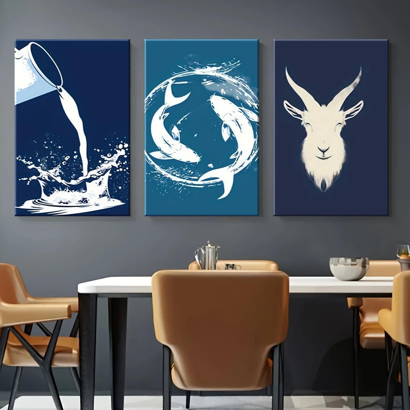 Yocheng 3pcs Canvas Print Posters -Unique Milk, Fish & Goat Designs On Blue Background 50x70cmx3 No Frame