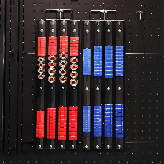 80 Socket Organiser Rack with Holder for 1/4, 3/8, 1/2 inch Tool Trays, Sturdy Socket Managers with Handle, Black Rails with Blue Socket Holders for Professional and DIY Use