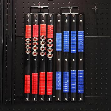 80 Socket Organiser Rack with Holder for 1/4, 3/8, 1/2 inch Tool Trays, Sturdy Socket Managers with Handle, Black Rails with Blue Socket Holders for Professional and DIY Use