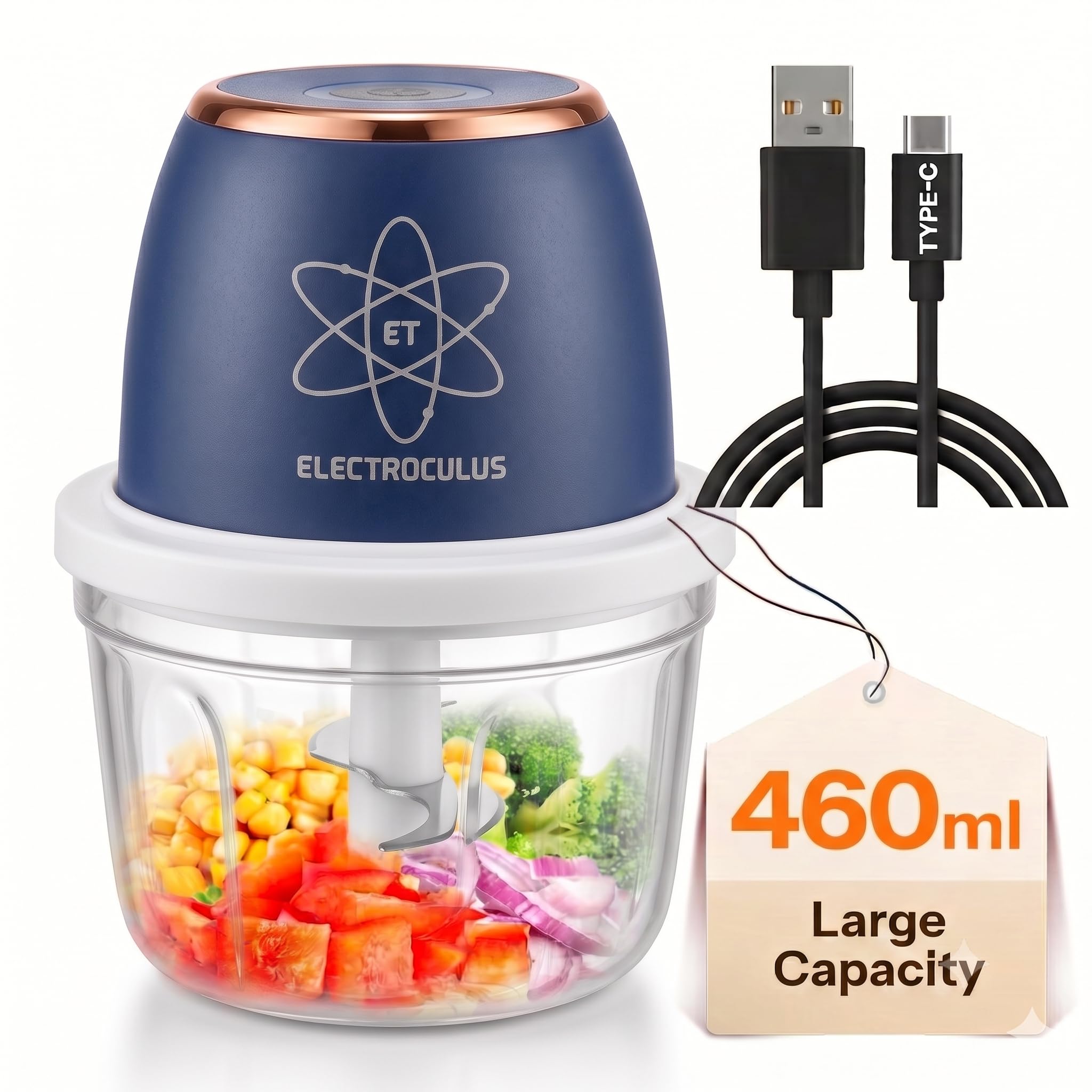 Premium Rechargeable Mini Electric Chopper 460 ml | Food‑Grade Bowl | Stainless Steel Blades | One‑Touch Operation | Ideal for Garlic, Onion, Veggies & Nuts | color-Oxford Blue |-image-2