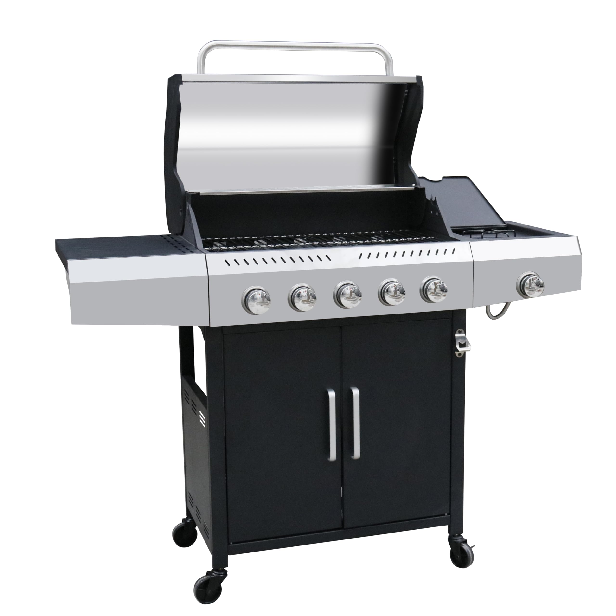 BRICOZONE Barbecue A Gas Professionale XXL 6 Bruciatori Con Bruciatore Laterale 16 Kw Coperchio Doppio Termometro Ruote Piani Laterali Scaldavivande E Griglia In Acciaio Inox (6 Fuochi)
