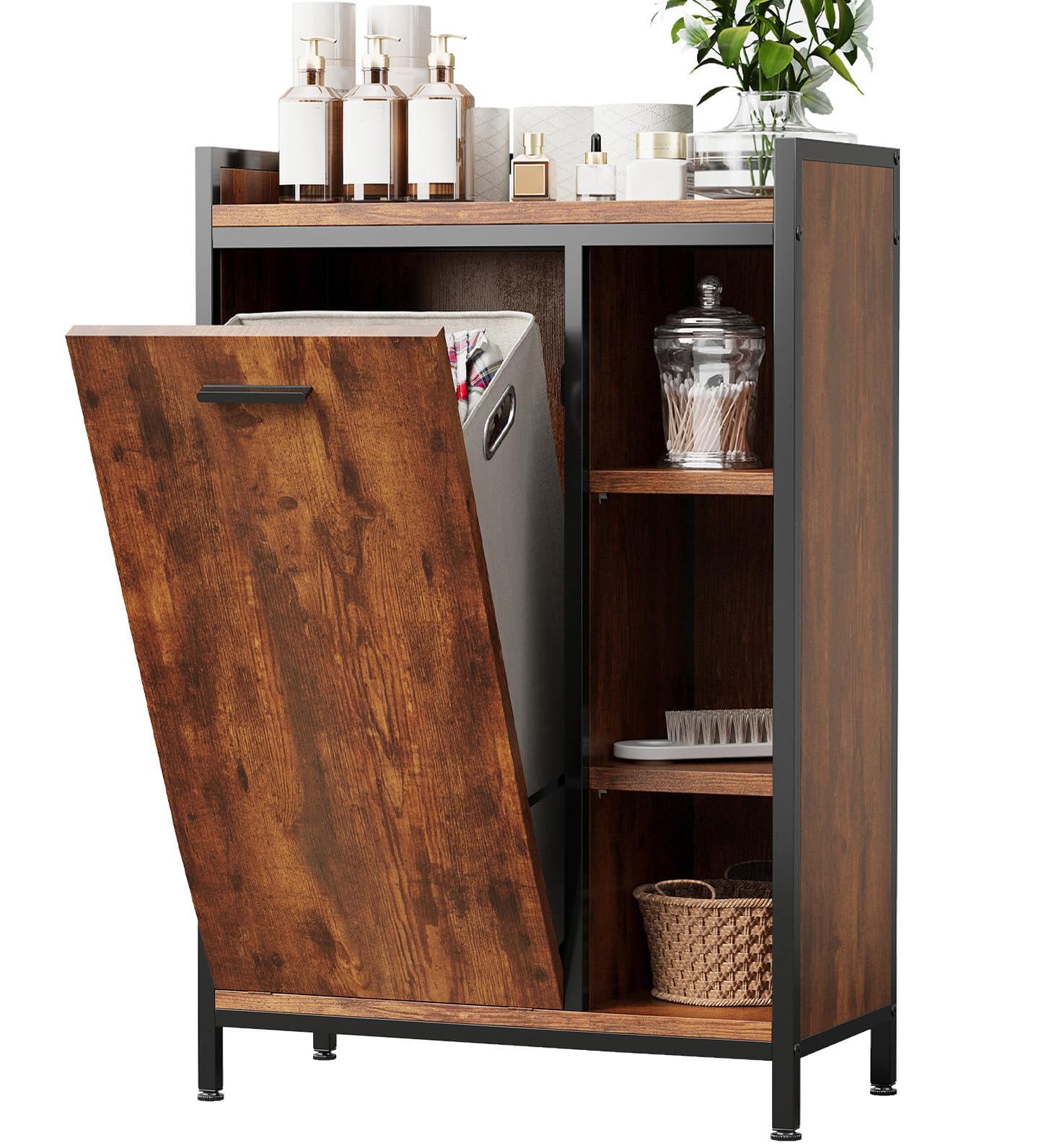 ELUCHANG Badezimmerschrank mit Wäschekorb, Wäscheschrank 50L, Badschrank mit 3 Ablagen Verstellbare Böden, Wasserdicht,Platzsparend für Kleines Bad, Wäscheküche,63x30x91cm, Vintage-Schwarz