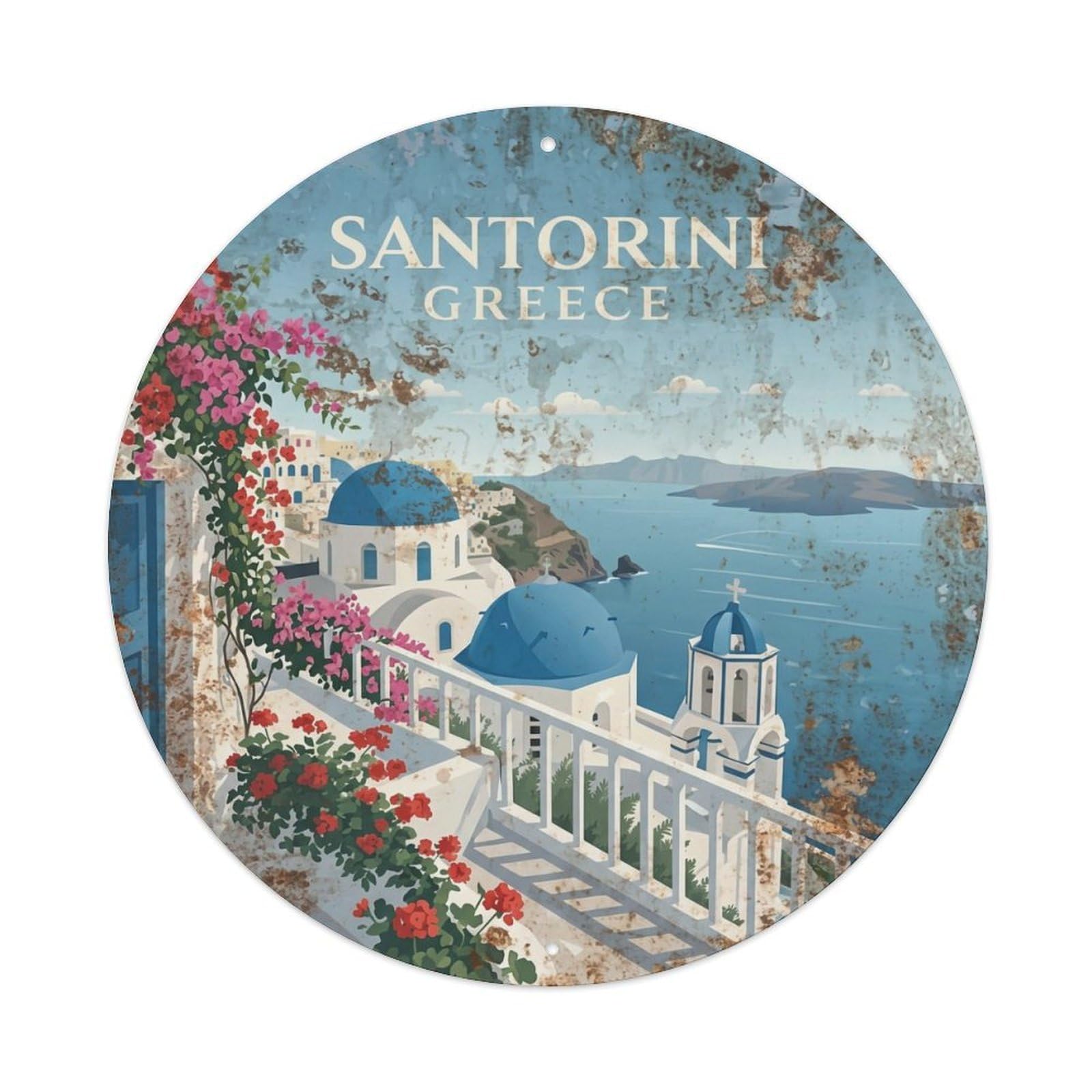Vintage Travel Balcony Santorini Flowered Metal Tin Sign