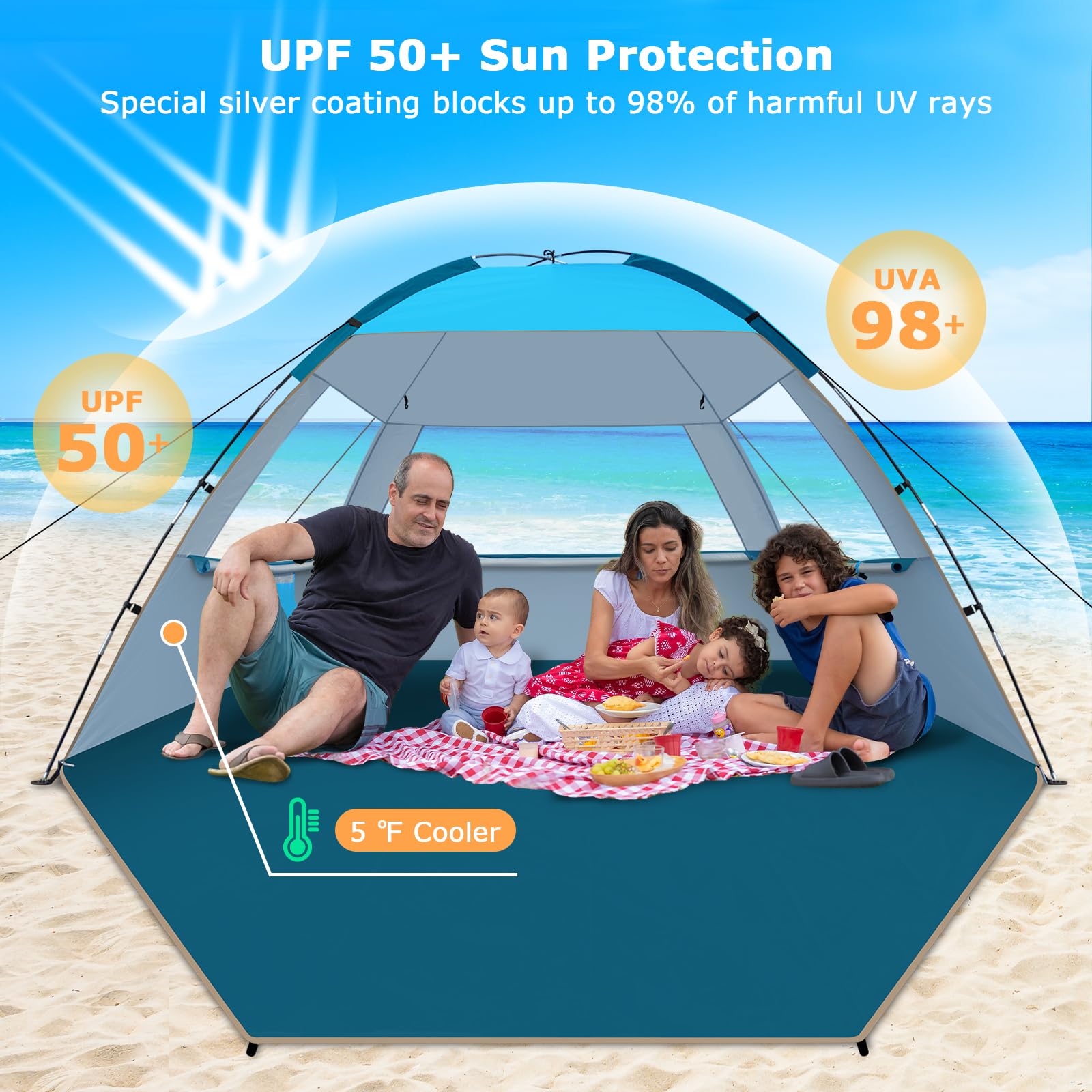 COMMOUDS Strandmuscheln für 4-5 Personen, Tragbarer Strandzelt mit UV-Schutz 50+, Familie Sonnenzelt Strand mit 2 Mesh Fenster, Schnelle Montage, Einfaches Tragen Schirm für Outdoor