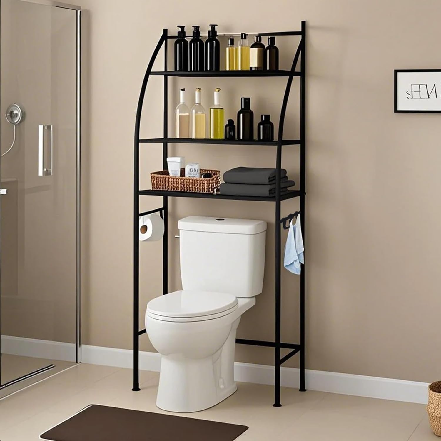 3-Tier Bathroom Organizer Shelf – Space-Saving Over The Toilet Storage Cabinet for efficient Bathroom Storage and Organization (Black)