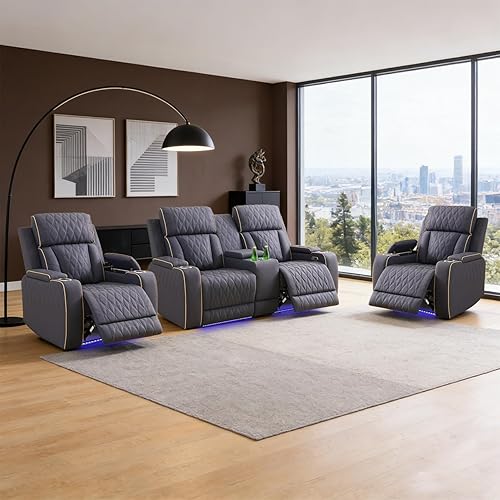 Miniatura 25 de Juego de sofá reclinable eléctrico para sala de estar, juego de sofá reclinable de cuero con luces LED, puertos USB, almacenamiento oculto, juego de