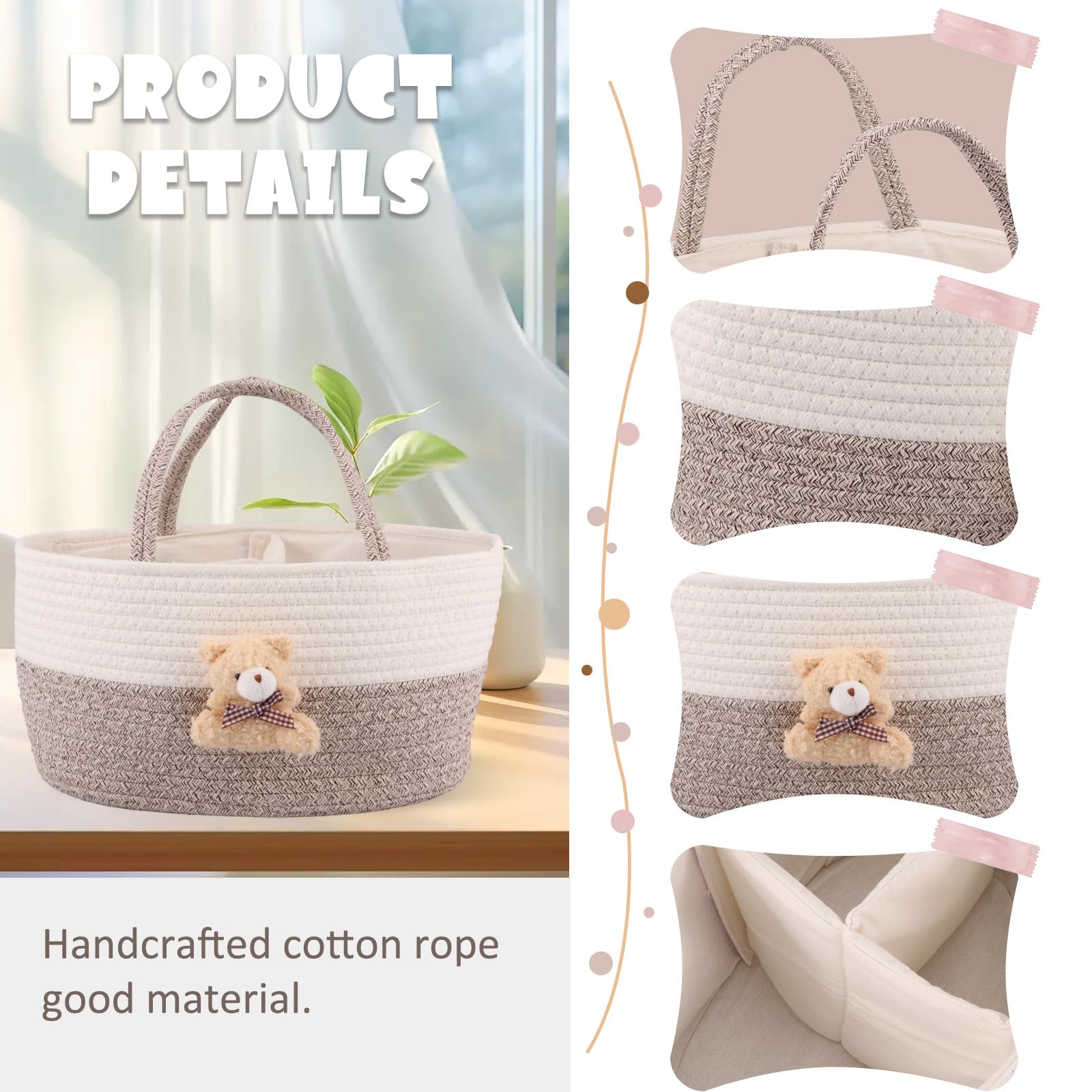 Nappy Caddy Organiser Soft Cotton Rope Baby Diaper Caddy Basket 33.5x23x18cm Cute Portable Tote Bag for Newborn Essentials Boy or Girl Baby Shower Basket Gift with Sturdy Handle(Khaki) - Image 3