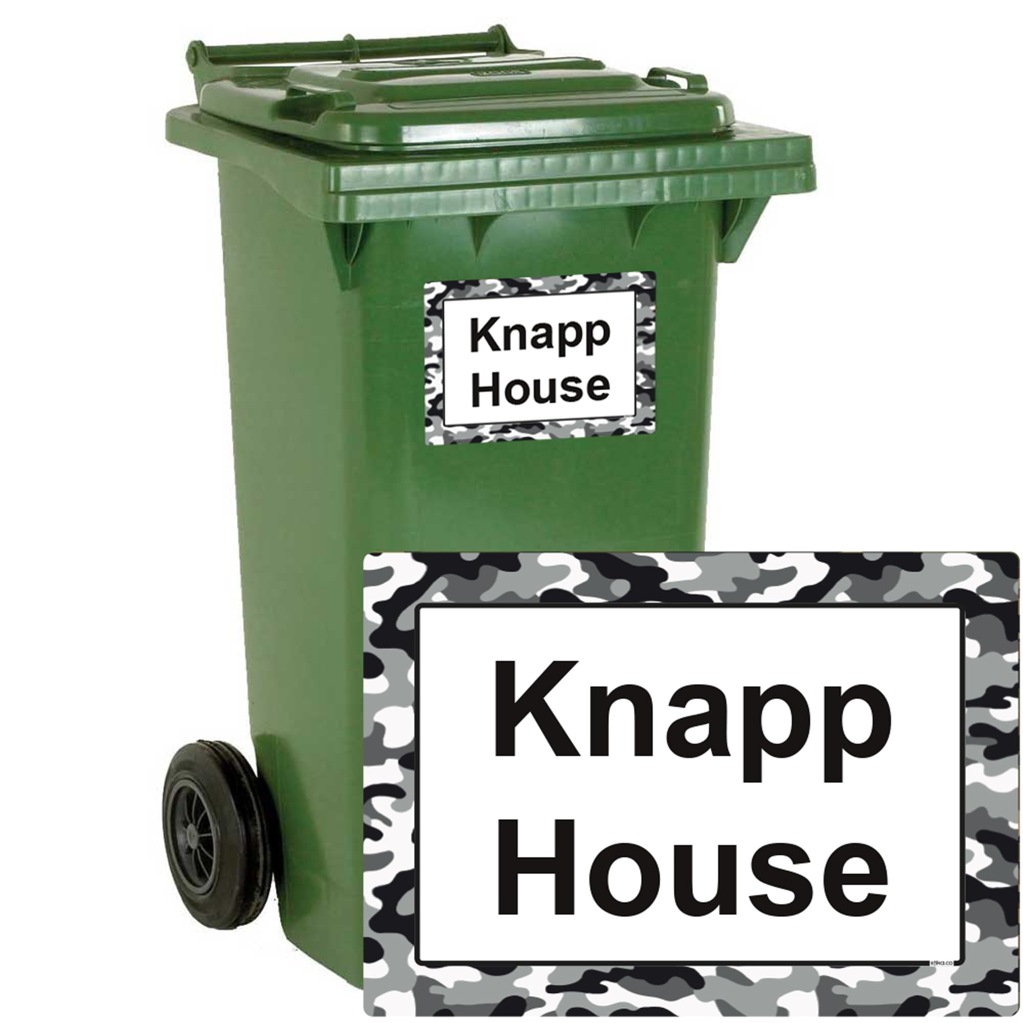 stika.co Pack of 4 Personalised White Camouflage print Wheelie bin stickers, House Number and Street Name for Bin containers (A3-420 x 297mm, White Vinyl)