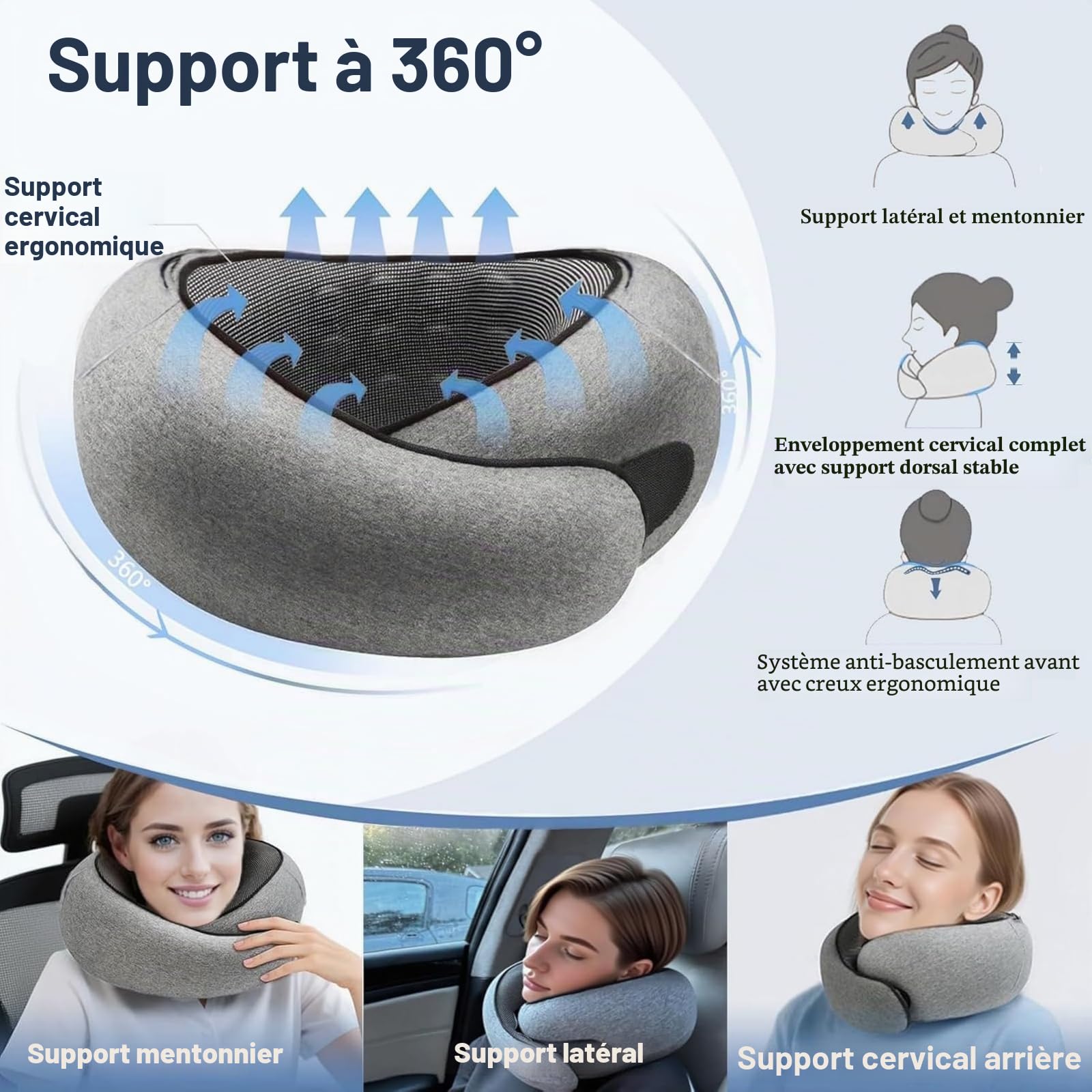 Nomadike Nomarest Oreiller de Voyage-Nappy Coussin de Voyage à 360° - avec Masque pour Les Yeux 3D et Bouchons d'oreilles - Ergonomique et Compressible - Gris 2