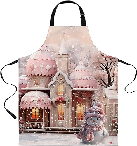Delantal con peto de Navidad rosa con bolsillos, impermeable, delantal ajustable para hombres y mujeres, muñeco de nieve de Navidad, copo de nieve