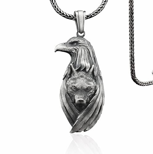 Eagle and Wolf Silver Men Jewelry, Wolf 