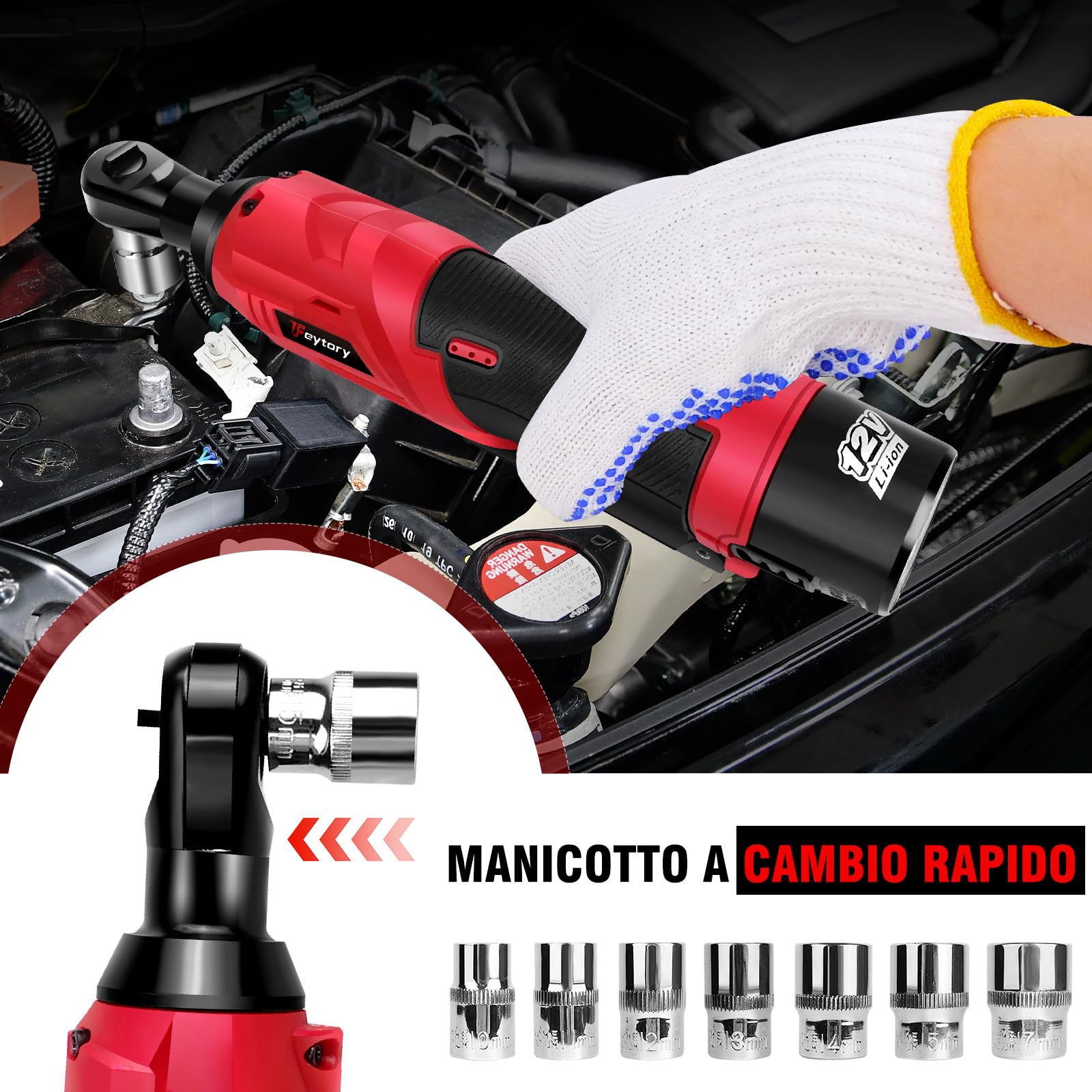 Set di chiavi a cricchetto elettriche a batteria con 7 bussole, 40N.m 12V Electric Ratchet Wrench Kit Power Wrench con luce LED, include caricabatterie rapido, doppia batteria, guanti(Rosso)