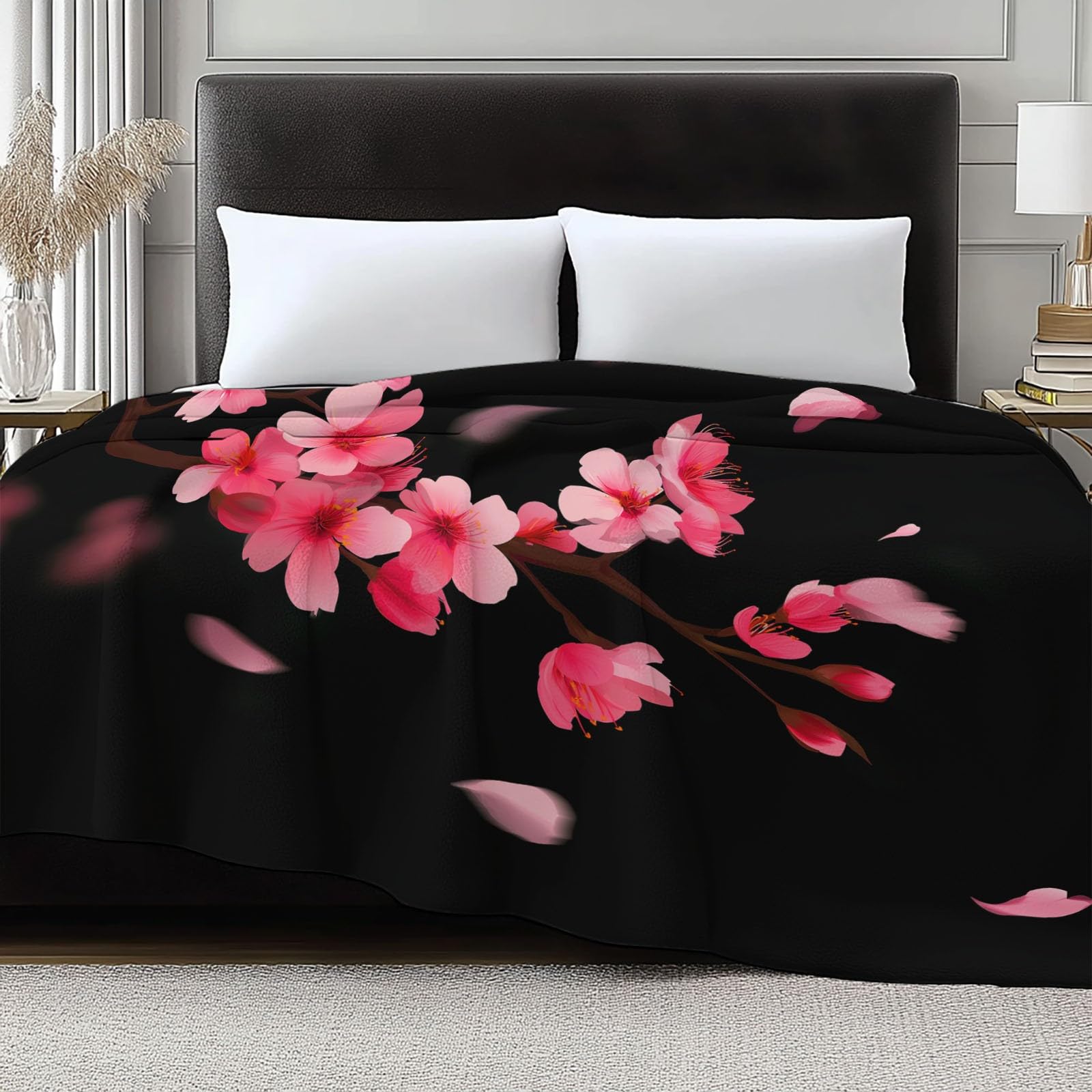 Ciepły flanelowy koc sherpa z minimalistycznymi kwiatami, kwiaty wiśni, gałęzie, 221 x 239 cm, miękki, przytulny, czarny, pluszowy, flanelowy, polarowy, 220 x 240 cm, dla dziewcząt, dzieci, dorosłych