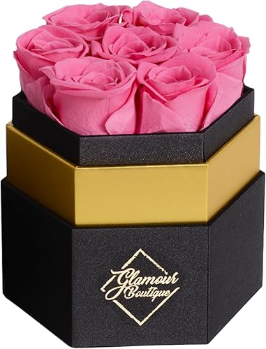GLAMOUR BOUTIQUE 7-Piece Forever Pink Rose Box - Preserved Roses in a Box, Immortal Roses in a Box That Last A Year - Eternal Rose Preserved Flowers