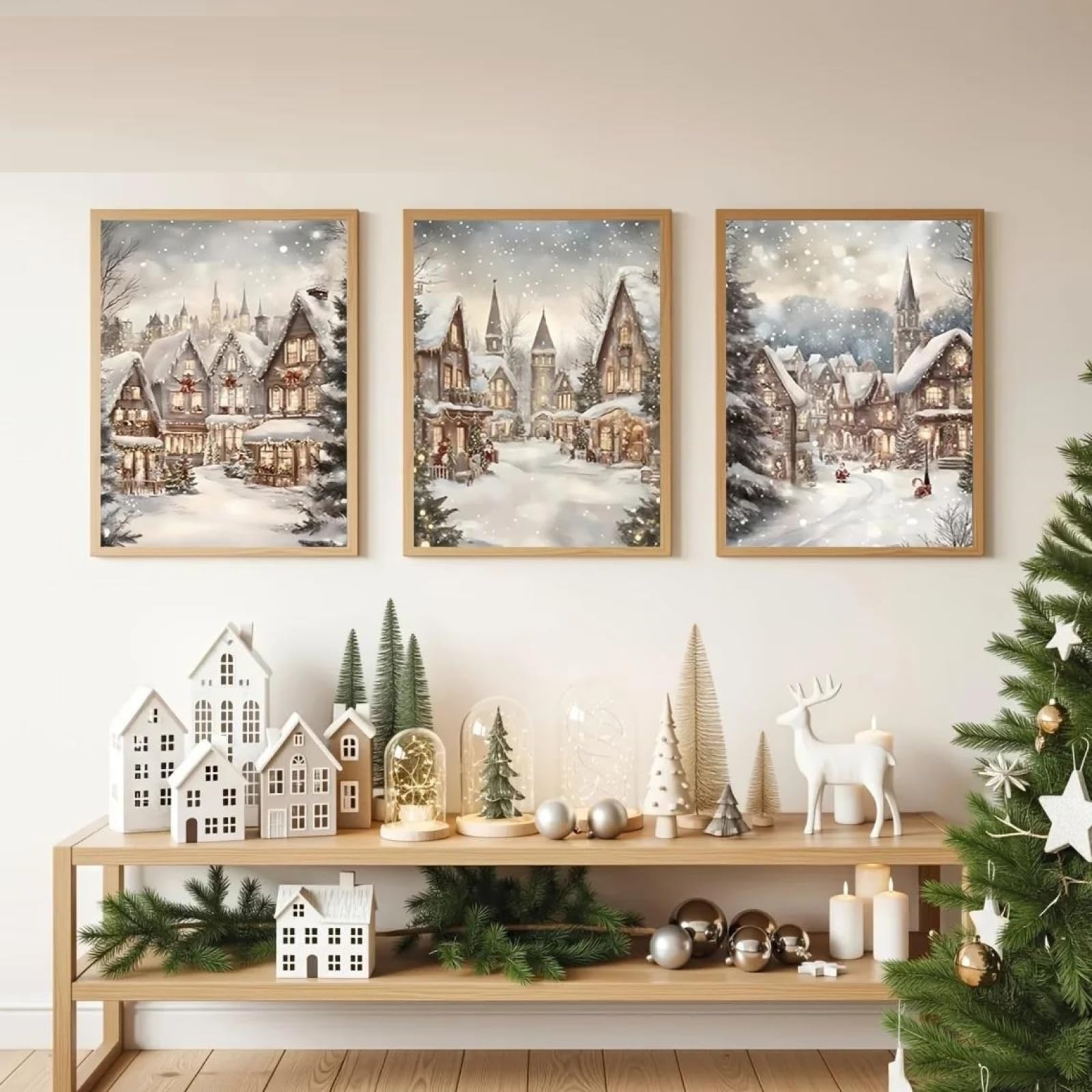 Yocheng 3pcs Christmas Village Poster Winter Wonderland Snowy Landscape Wall Art Suitable 21x30cmx3 No Frame