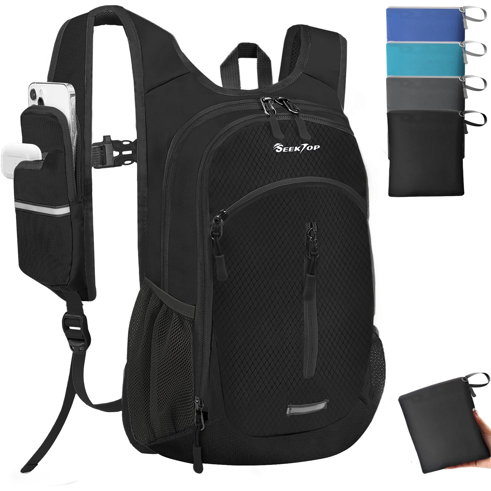 Seektop Unisex Black Small Hiking Backpack Expandable 12L-16L, Lightweight Packable Waterproof Daypack With Phone Pocket For Women Men