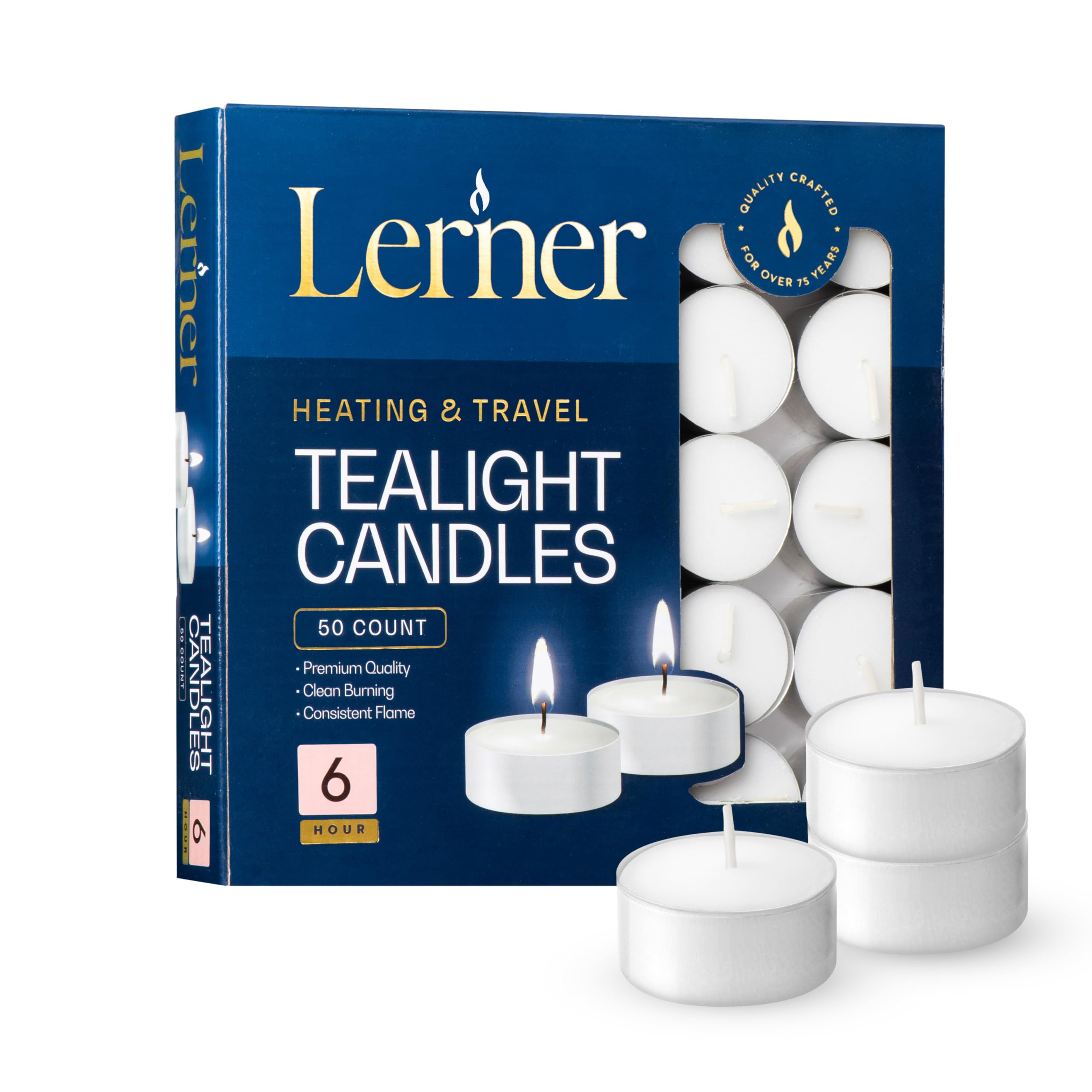 lerner tealight candles, 50 count | 6 hour long-burning white tea lights | non-toxic, smokeless & soot-free