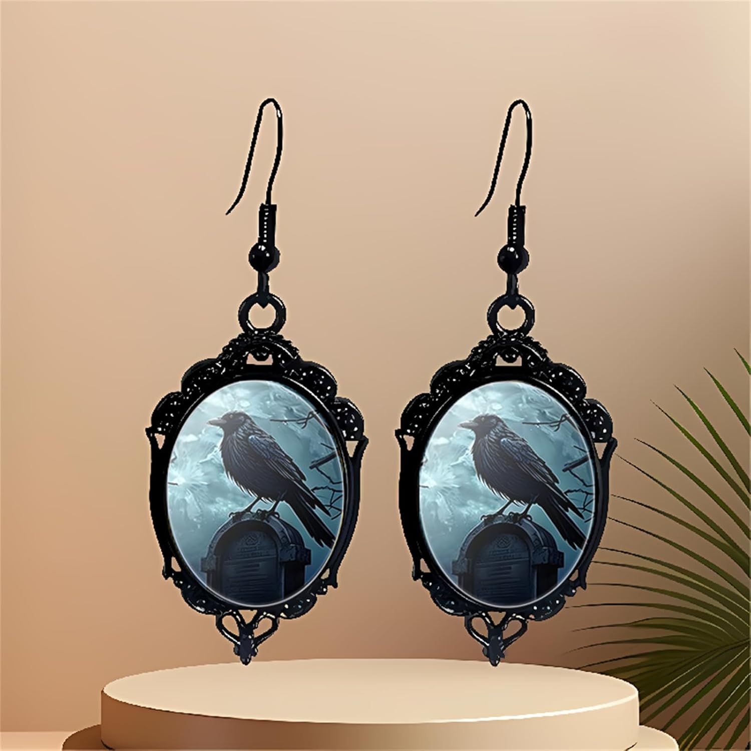 Gothic Halloween Earring Necklace Set for Women,Vintage Crow Bat Vampire Glass Pendent Necklace Punk Style Raven Witch Cameo Dangle Earrings Wicked Victorian Halloween Costume Accessories Jewelry - Image 4