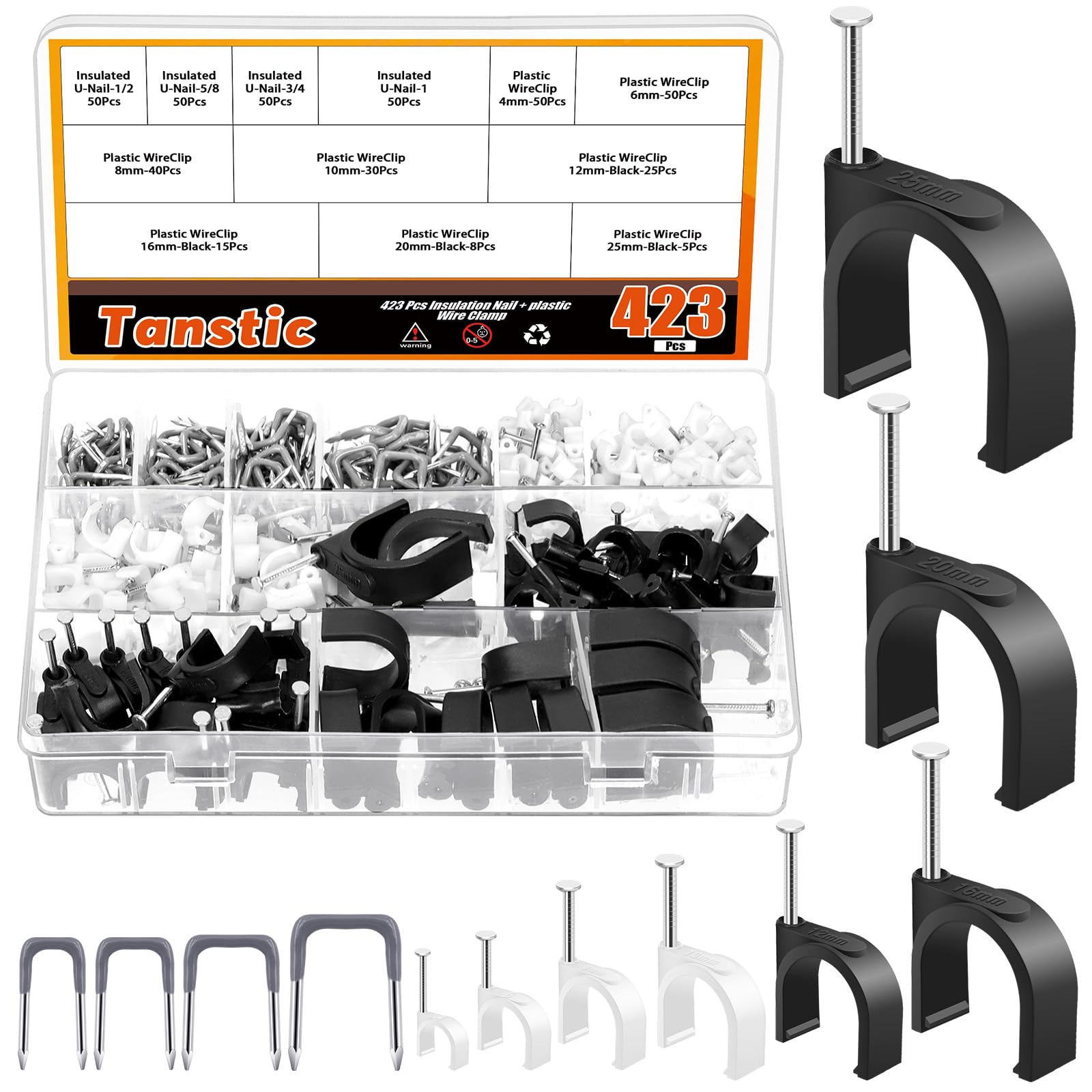 Tanstic Isoliertes U-Heftklammern-Sortiment-Set mit Aufbewahrungskoffer, 4 Größen, Metallkabelklammern für Holzbefestigung, Drähte, Kabel (423), 540 Stück