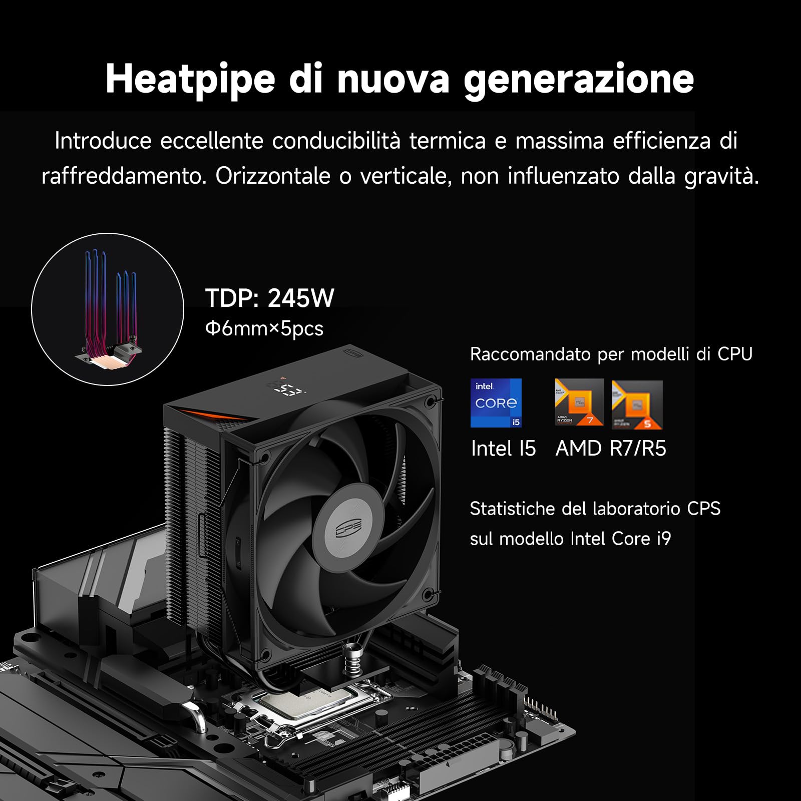 Dissipatore CPU CPS RT500 Digital BK con display digitale, TDP 245W, 5 tubi di calore da 6 mm con ventole FDB da 120 mm, dissipatore ad aria per CPU AMD AM4/AM5, Intel LGA 115X/1200/1700/1851