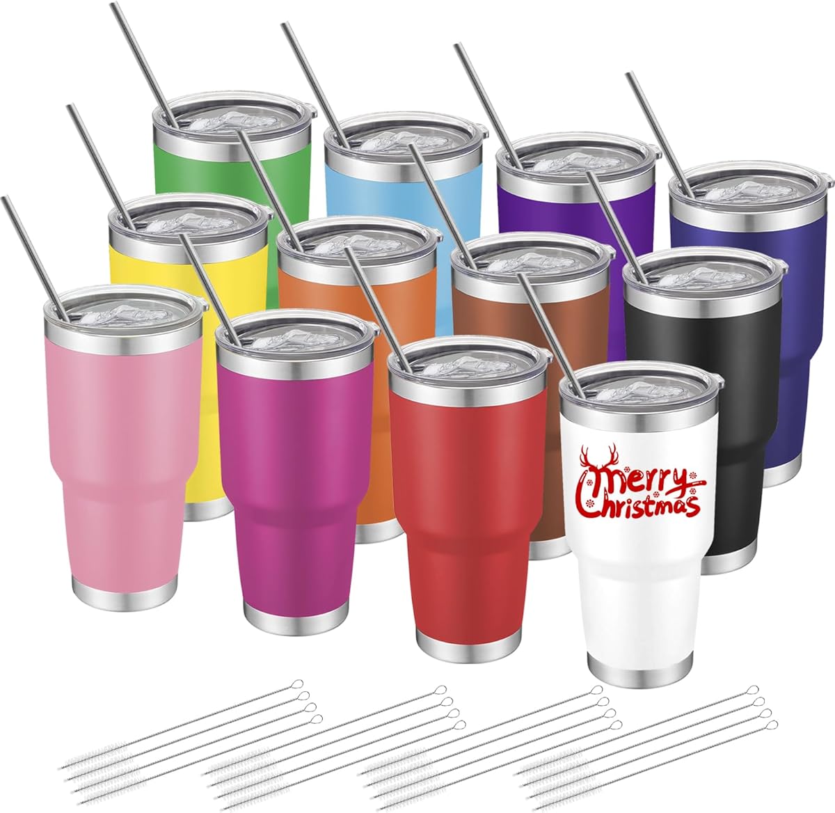 12 Pack Insulated Tumbler - 30oz Stainless Steel Double Wall Vacuum Travel Coffee Tumbler Cup with Lid and Straw for Cold & Hot Drinks (Mixed Colors)