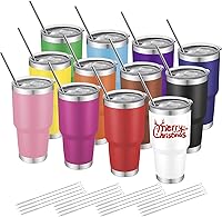 YOUKEOLA 12 Pack 30oz Insulated Tumblers - Stainless Steel Double Wall Vacuum Cups with Lids & Straws for Hot Cold Drinks (Mixed Colors)