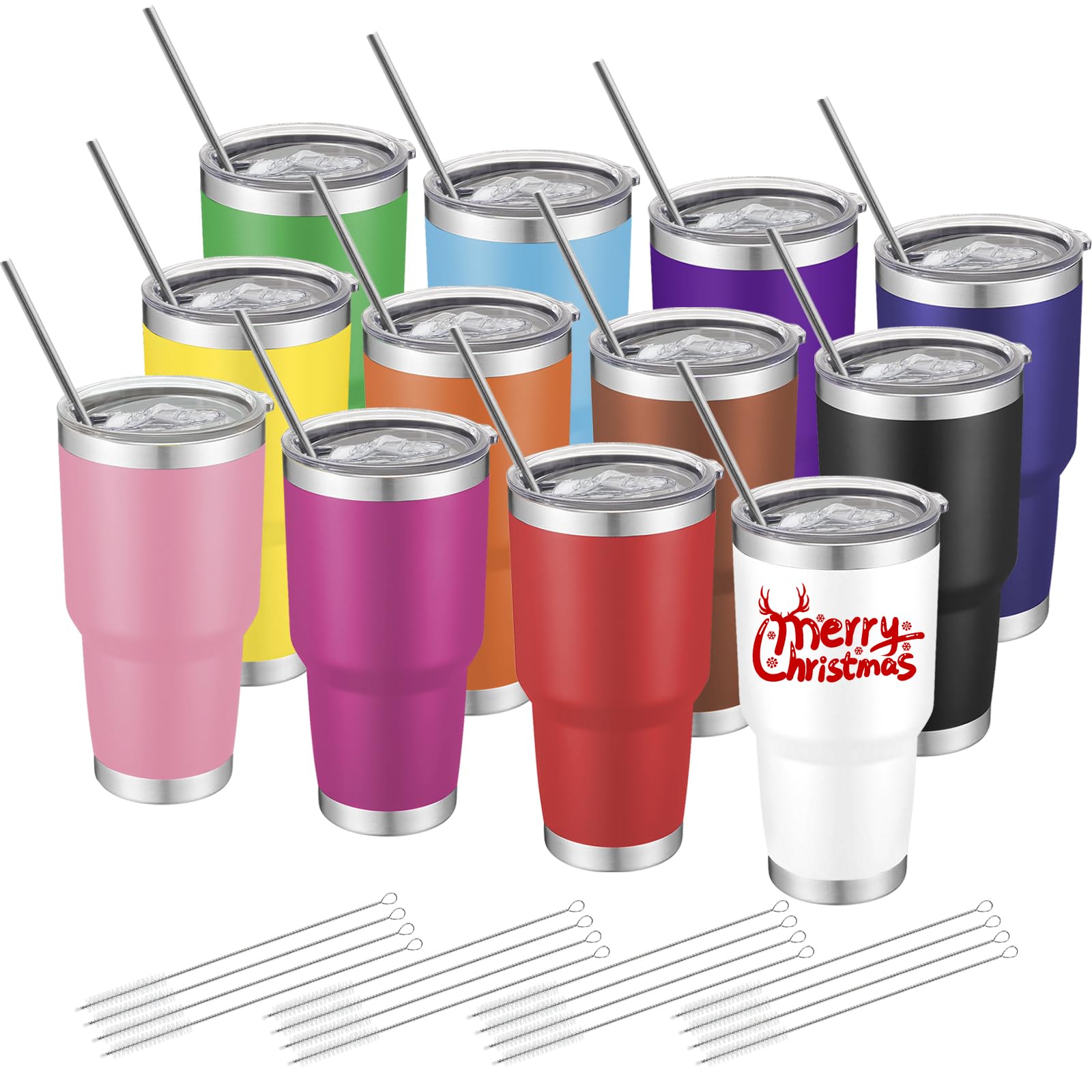 YOUKE OLA 12 Pack Insulated Tumbler - 30oz Stainless Steel Double Wall Vacuum Travel Coffee Tumbler Cup with Lid and Straw for Cold & Hot Drinks (Mixed Colors)