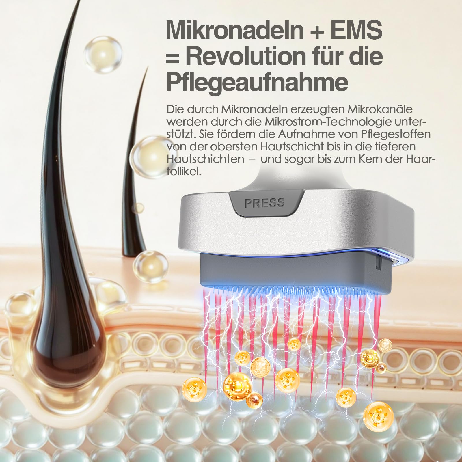 bio 6 Derma Stamp Elektrisch Upgrade 2026 | 4-in-1 Dermastamp Microneedling für Gesicht & Kopfhaut, 140 Pins, Rot & Blau LED Lichtpflege, sanfte Massage | inkl. 2 Aufsätze: 0,5 mm(Graugold)