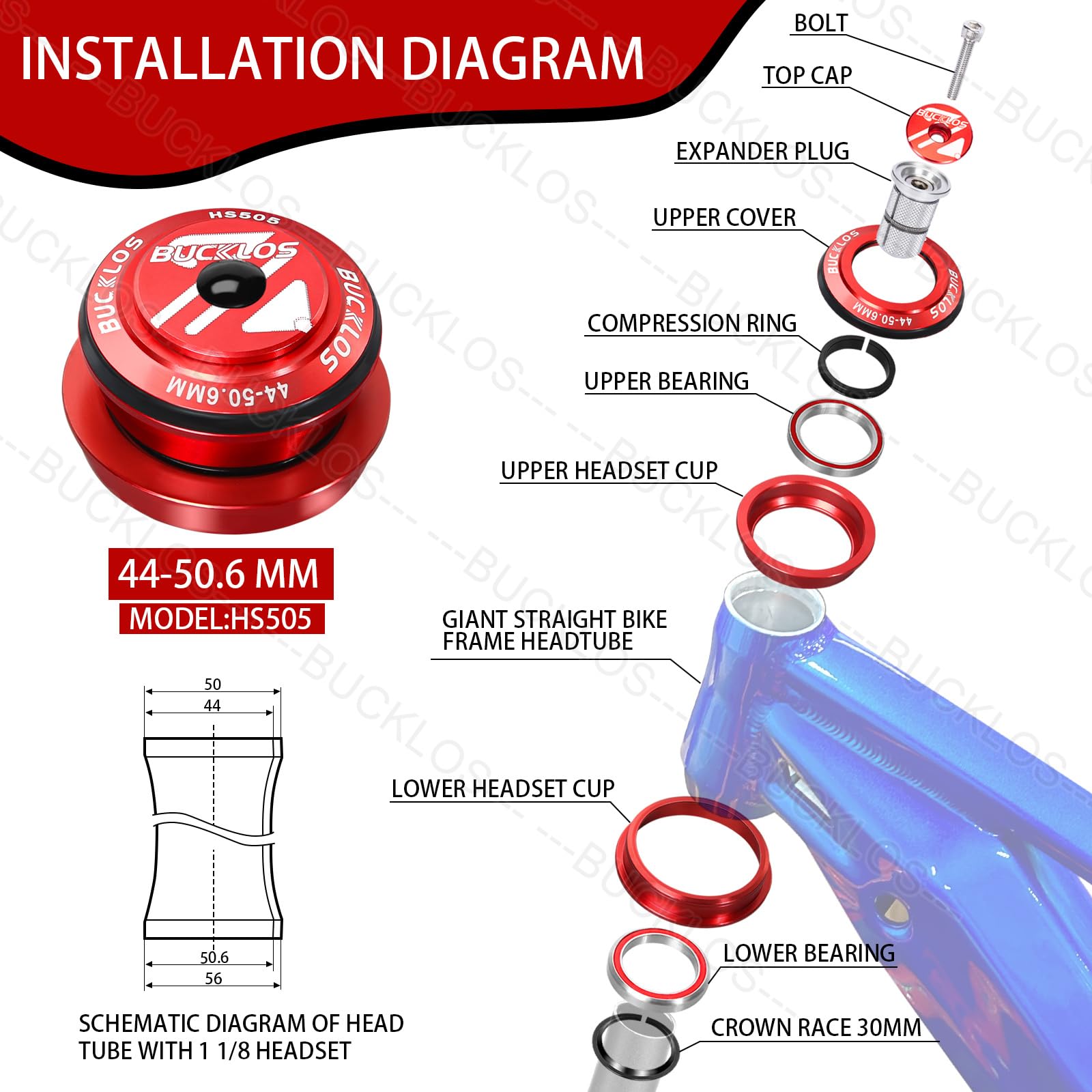BUCKLOS 1-1/8 Bike Headset MTB Threadless 34 44 44-50.6 44-55 44-56 41.8-52mm, Straight Tapered Tube Mountain Bikes Road Bicycle Double Sealed Bearings Headsets, for Frame Fork Expander Plug Star Nut